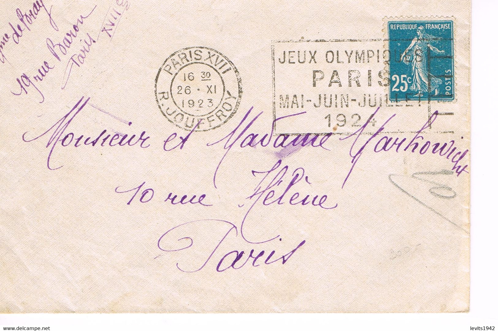 MARQUE POSTALE -  JEUX OLYMPIQUES 1924 - RUE JOUFFROY- 26-11-1923 - - Summer 1924: Paris