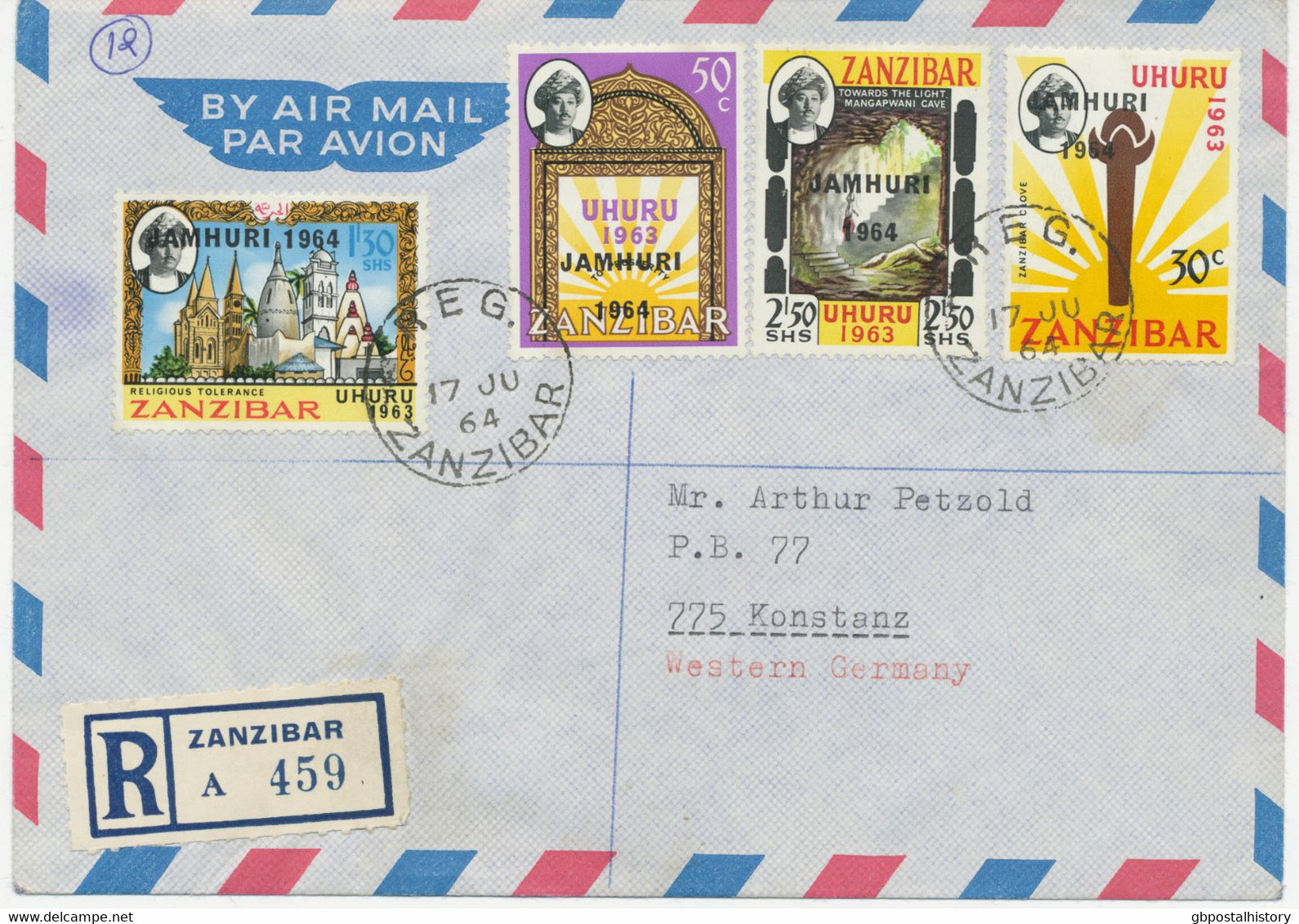 ZANZIBAR 1964, Independence – Republic Issue Overprinted By Bradbury, Wilkinson On Superb Registered Airmail Cover With - Zanzibar (1963-1968)