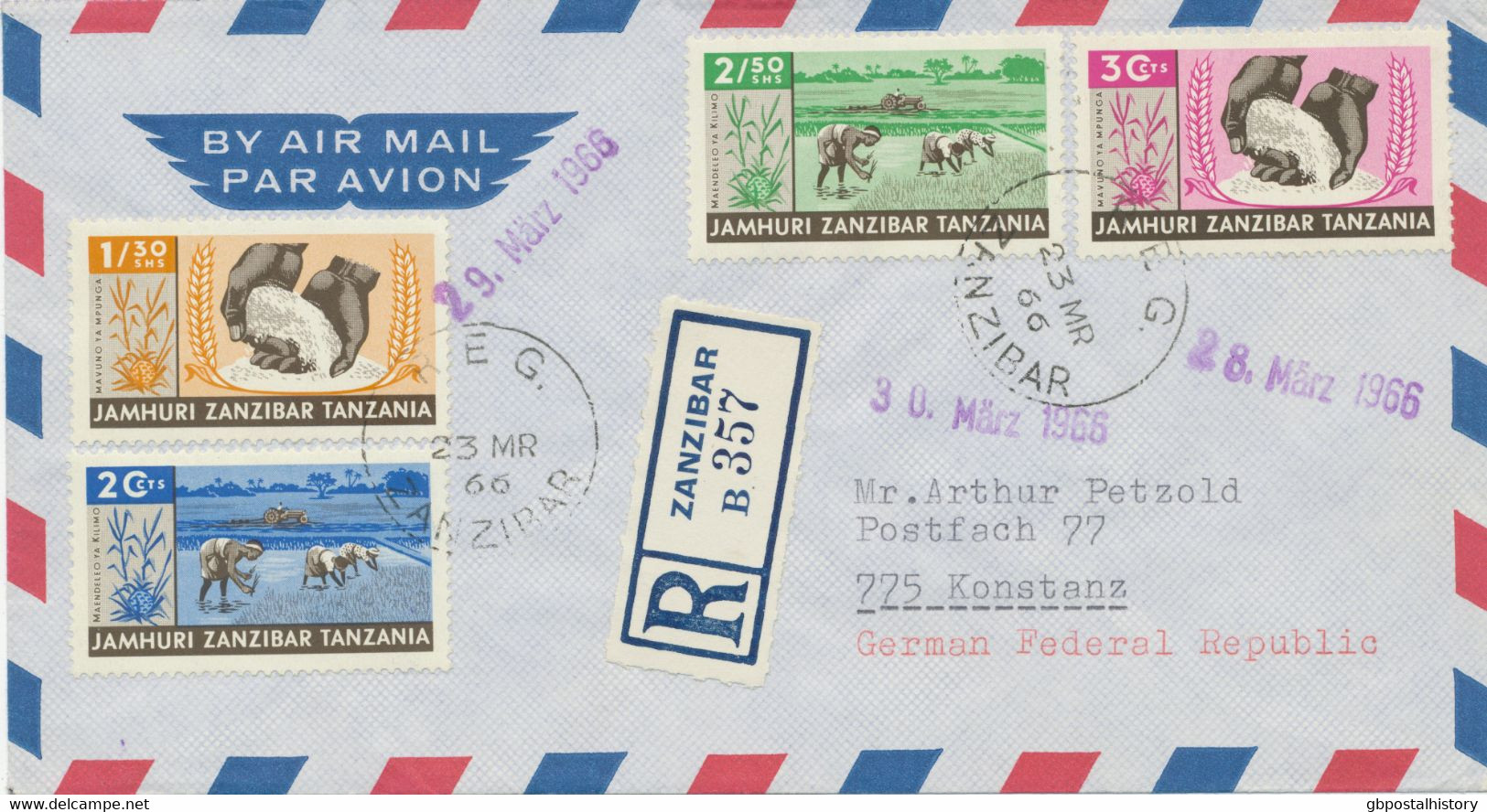 ZANZIBAR 1966,  Agricultural Development Complete On Rare Superb Registered Airmail Cover With R-Label „ZANZIBAR B“ And - Zanzibar (1963-1968)