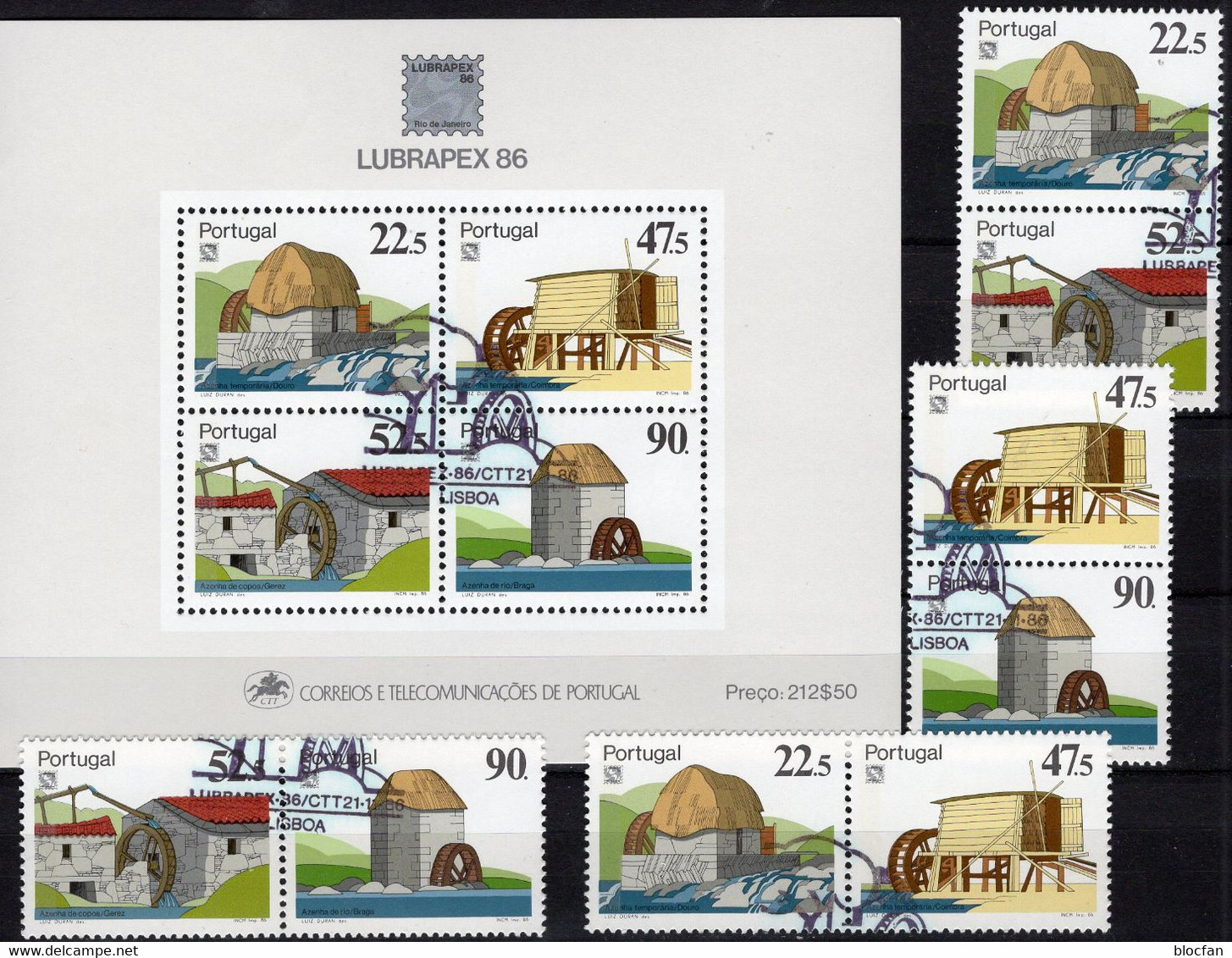 LUBRAPEX 1986 Portugal 1704/7 4ZD+Block 53 O 30€ Gemälde Mühle Coimbra Blocs Paintings Ss EXPO Se-tetnants Bf Philatelic - Collections