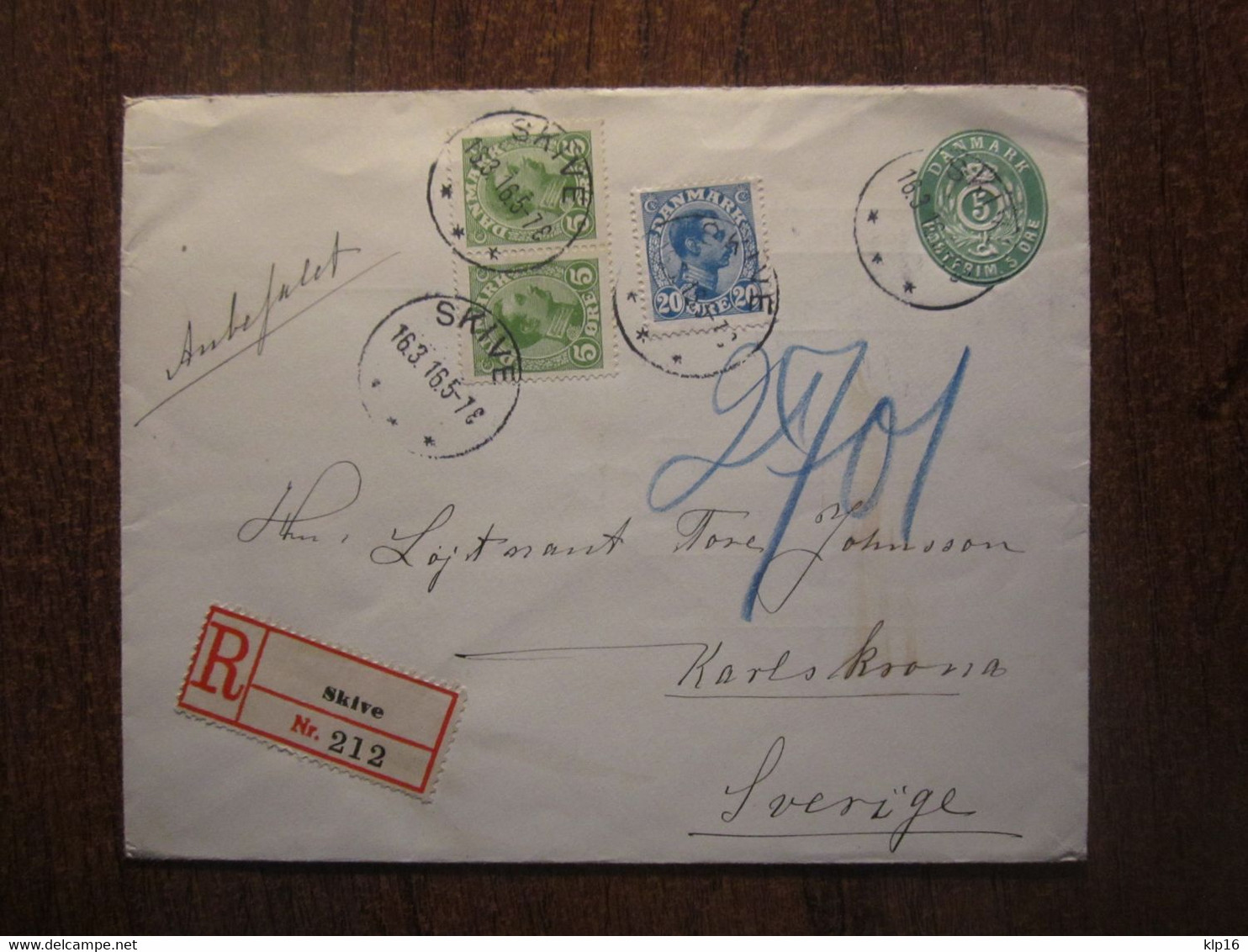 1916 REGISTERED DENMARK SKIVE COVER - Covers & Documents