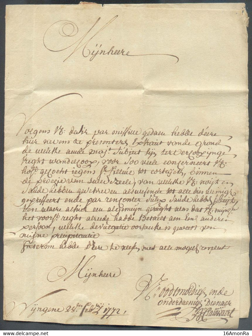 LAC De WIJNGENE Le 28 Février 1772  Via (griffe) BRUGES + Manuscrit 'Int Gevat' à Mr. VANDEN BROUCKE, Agent De Son Excel - 1714-1794 (Austrian Netherlands)