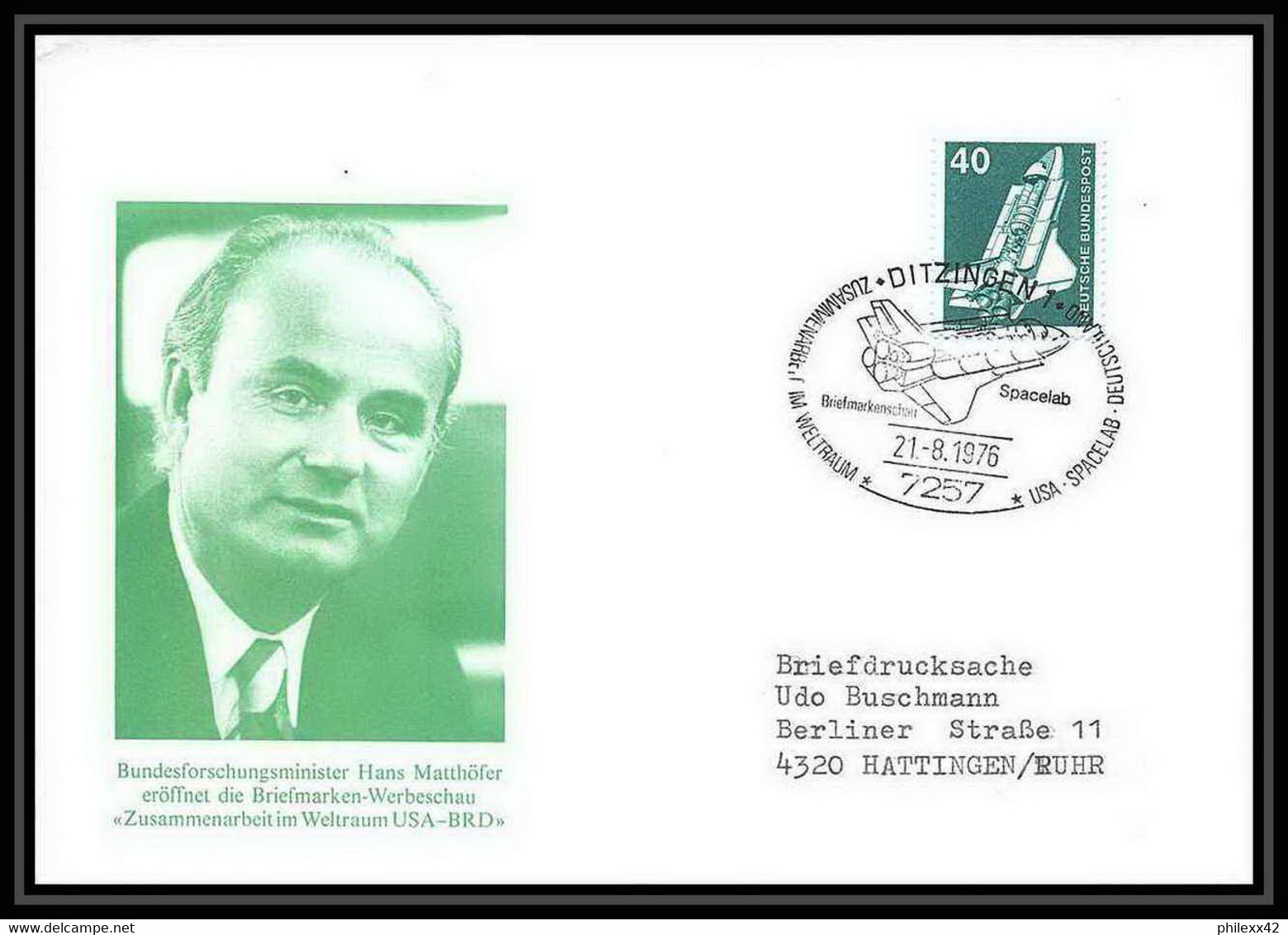 7840/ Espace (space Raumfahrt) Lettre (cover Briefe) 21/8/1976 Spacelab Matthofer Allemagne (germany Bund) - Europe