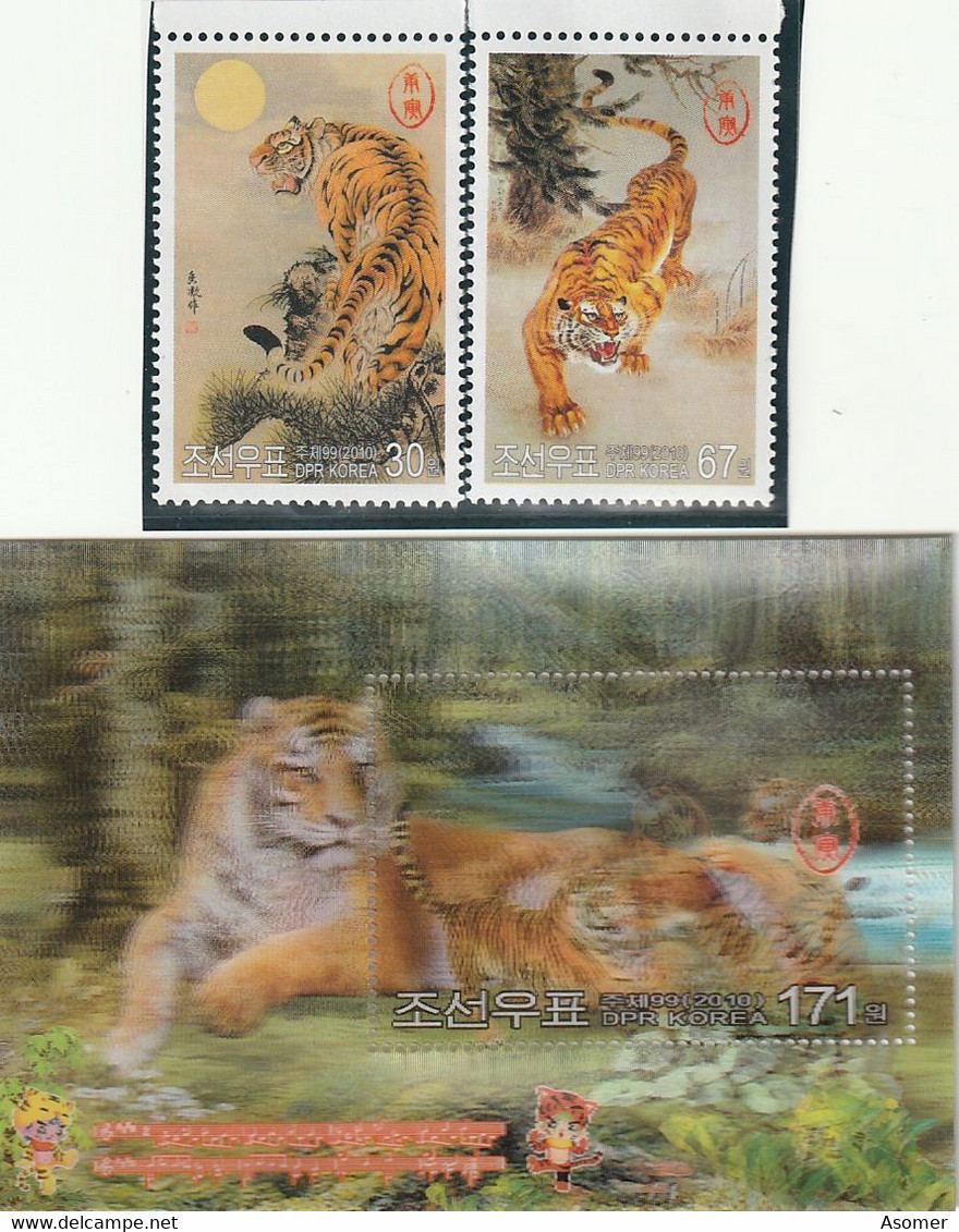 DPR North Korea Tiger Cats Tigers 3D Block + Set Hologram MNH ** 2010 - Corée Du Nord