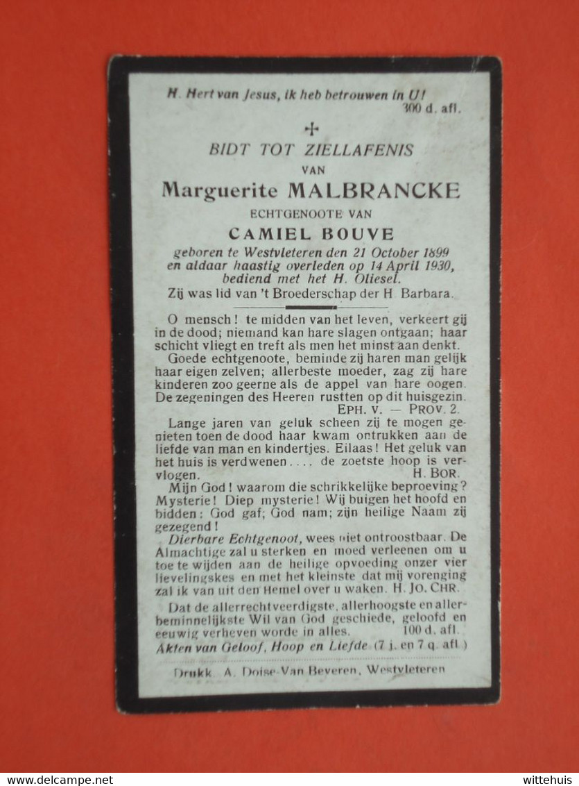 Marguerite Malbrancke - Bouve Geboren Te West-Vleteren 1899 Overleden 1930  (2scans) - Religión & Esoterismo