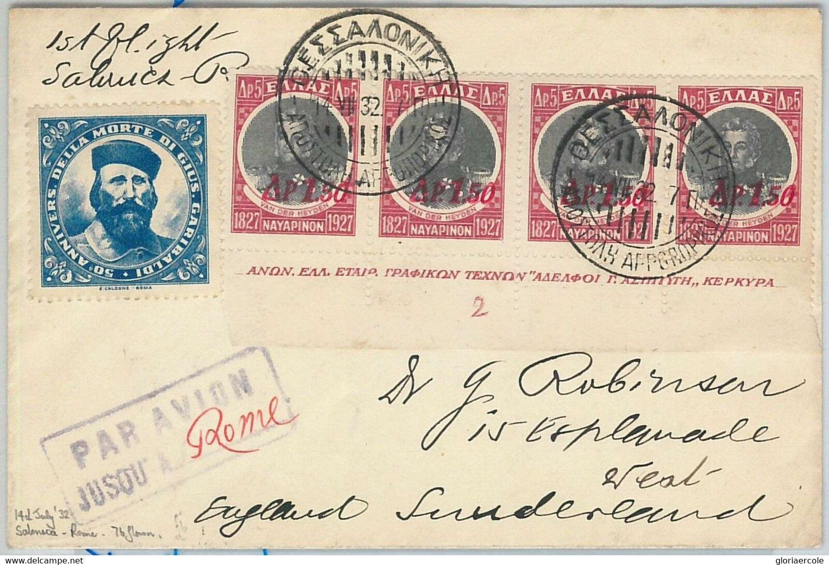 65252 - GREECE - POSTAL HISTORY: FIRST FLIGHT COVER - Thessaloniki - Rome 1932 - Lettres & Documents