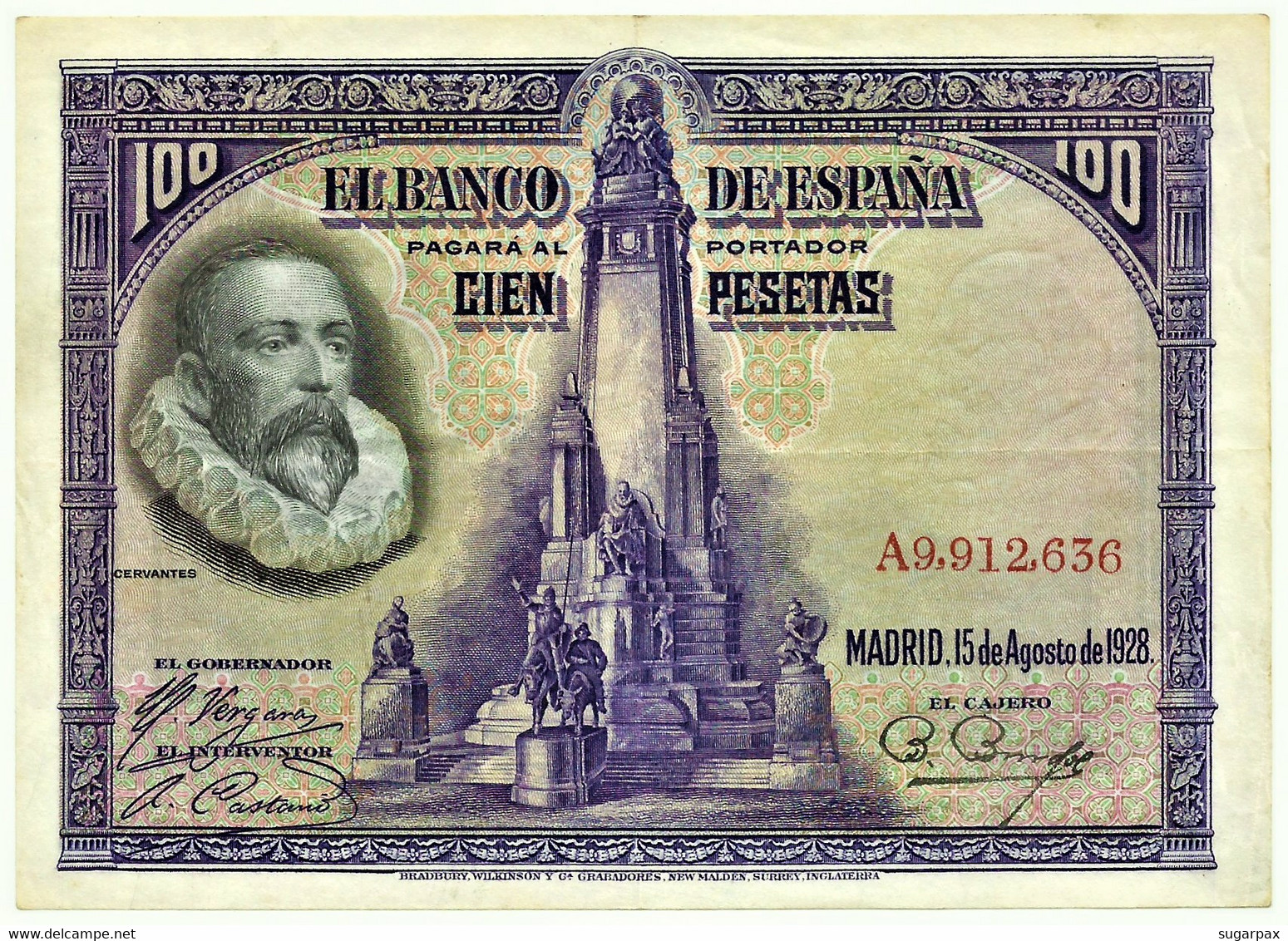 ESPAÑA - 100 Pesetas - 15.08.1928 - Pick 76.a - Serie A - Cervantes - Kingdom - 100 Peseten