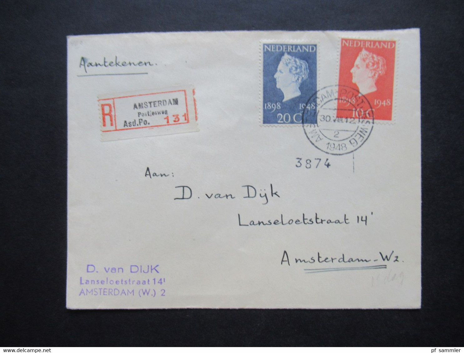 Niederlande 1948 Königin Wilhelmina Nr.507 / 508 Einschreiben Amsterdam Postjesweg Asd. Po. 131 FDC / Ersttagsbrief - Lettres & Documents