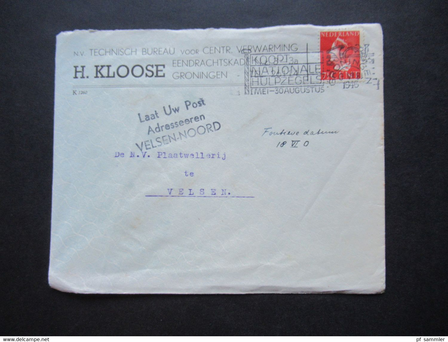 Niederlande 1940 Verwendet 1946 Königin Wilhelmina Nr.342 EF Nebenstempel L3 Laat Uw Post Adresseeren Velsen - Noord - Lettres & Documents