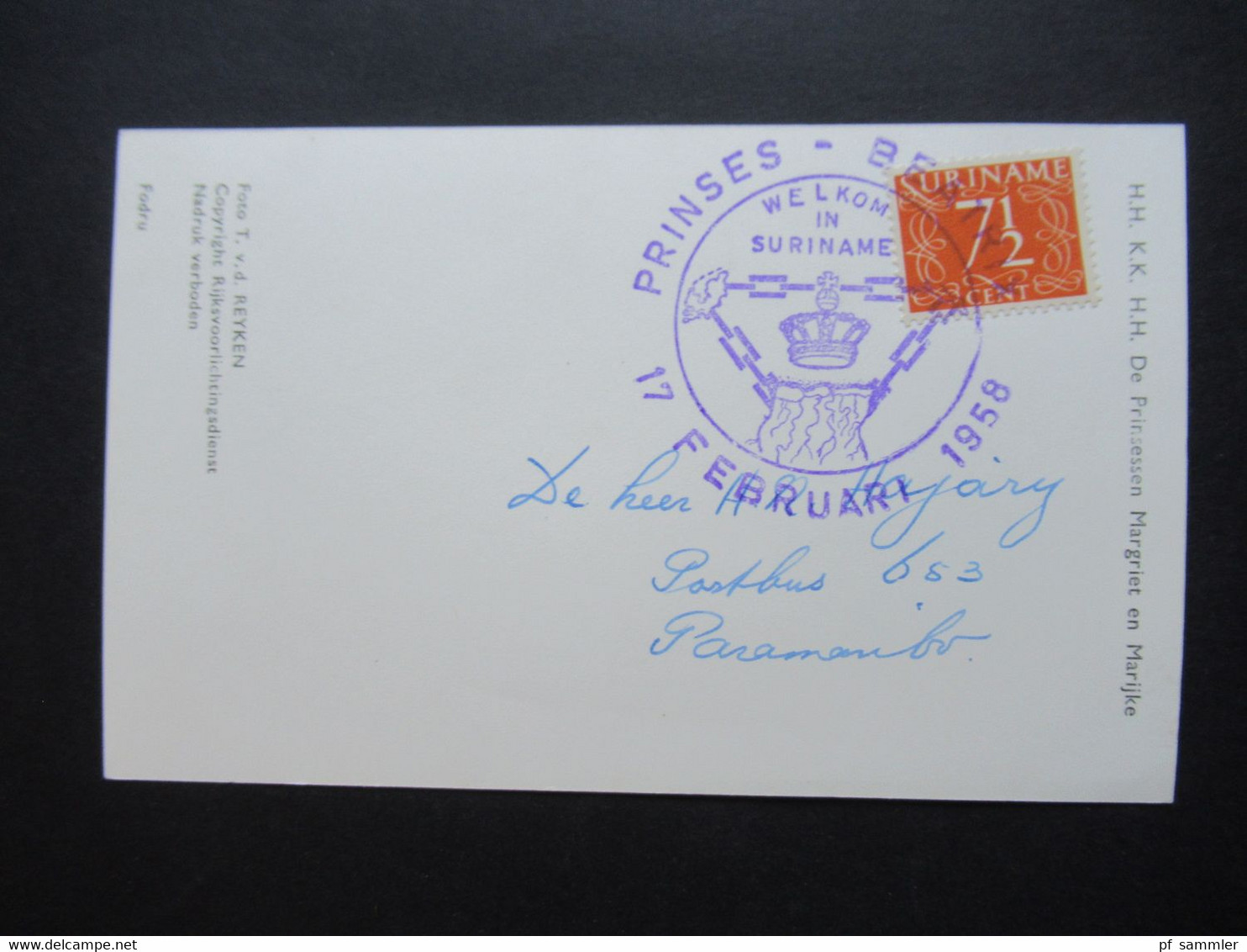 Niederlande 1958 Kolonie Suriname Echtfoto AK Sonderstempel Prinses Beatrix Welkom In Suriname Prinzessin Auf Einem Esel - Suriname ... - 1975