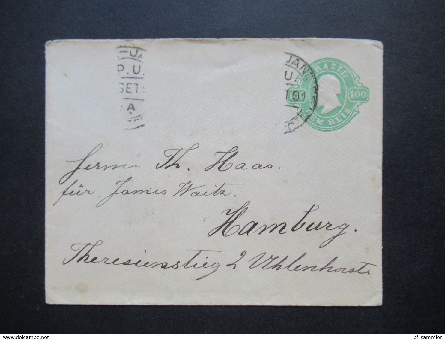 Brasilien 1891 GA Umschlag (ZuF Leider Abgelöst) Mit Ank. Stempel KOS / Kreisobersegmentstempel Hamburg Uhlenhorst - Storia Postale