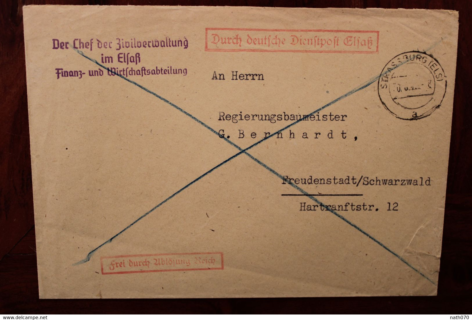 1942 Durch Deutsche Dienstpost Elsass Allemagne Dt Reich Alsace WK2 Cover Occupation Besetzung - Occupation 1938-45