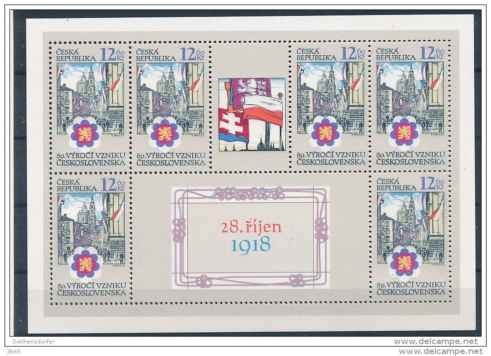 1918-1998 : Feuillet De 6 Timbres YT 191 : 80 ème Anniversaire De La Fondation De La Tchécoslovaquie - Blocks & Kleinbögen