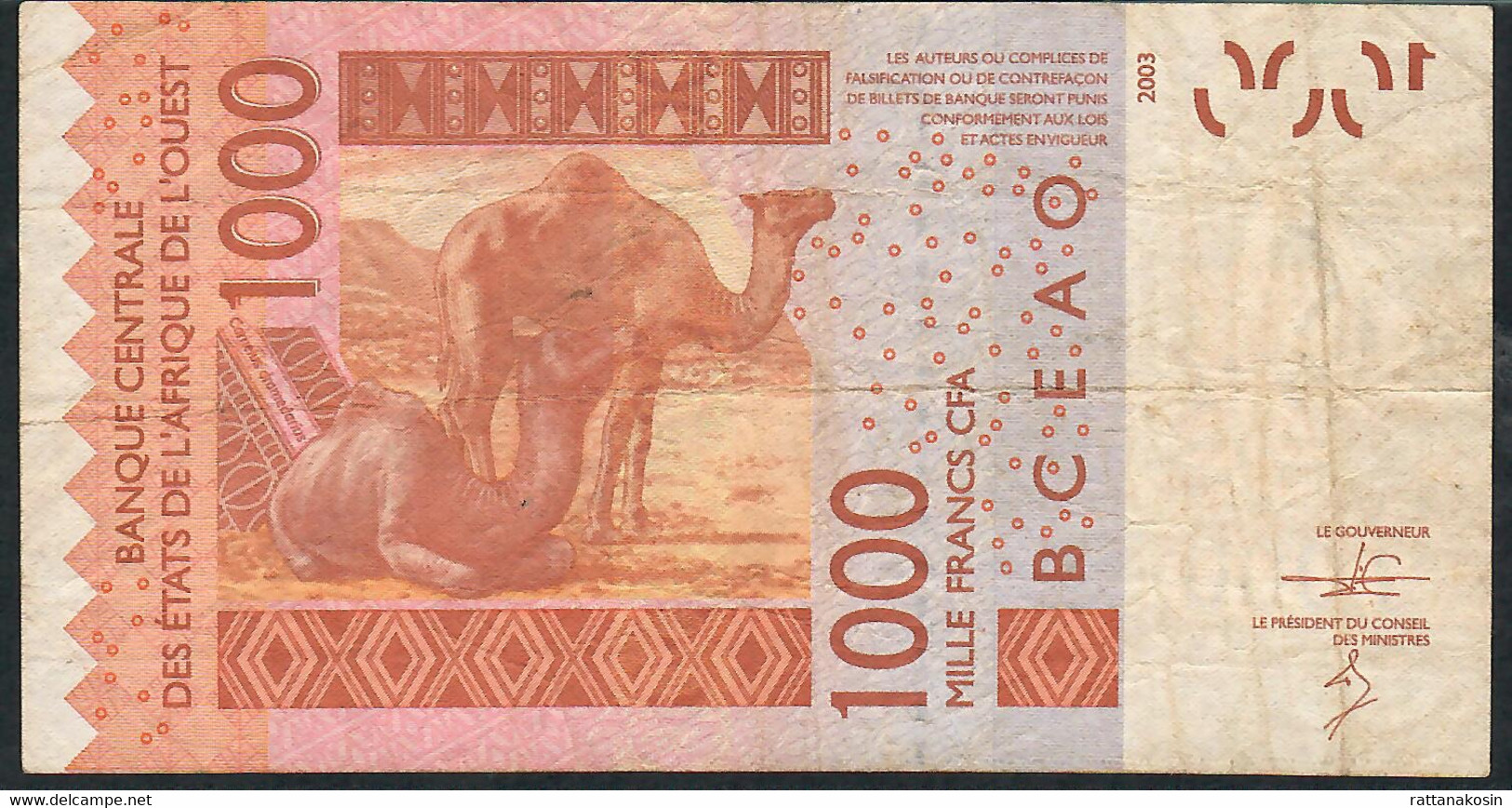 W.A.S. SENEGAL P715Km 1000 FRANCS (20)13 2013 Signature 40    F-VF   NO P.h. - Estados De Africa Occidental