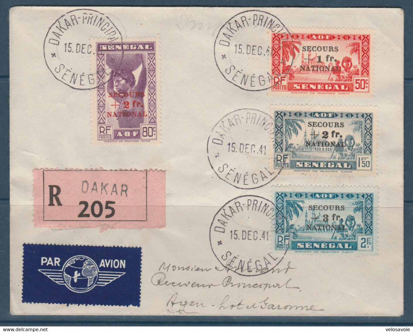 SENEGAL N° 173/176 SERIE SECOURS NATIONAL SUR LETTRE RECOMMANDEE DE DAKAR DU 15/12/41 - Covers & Documents