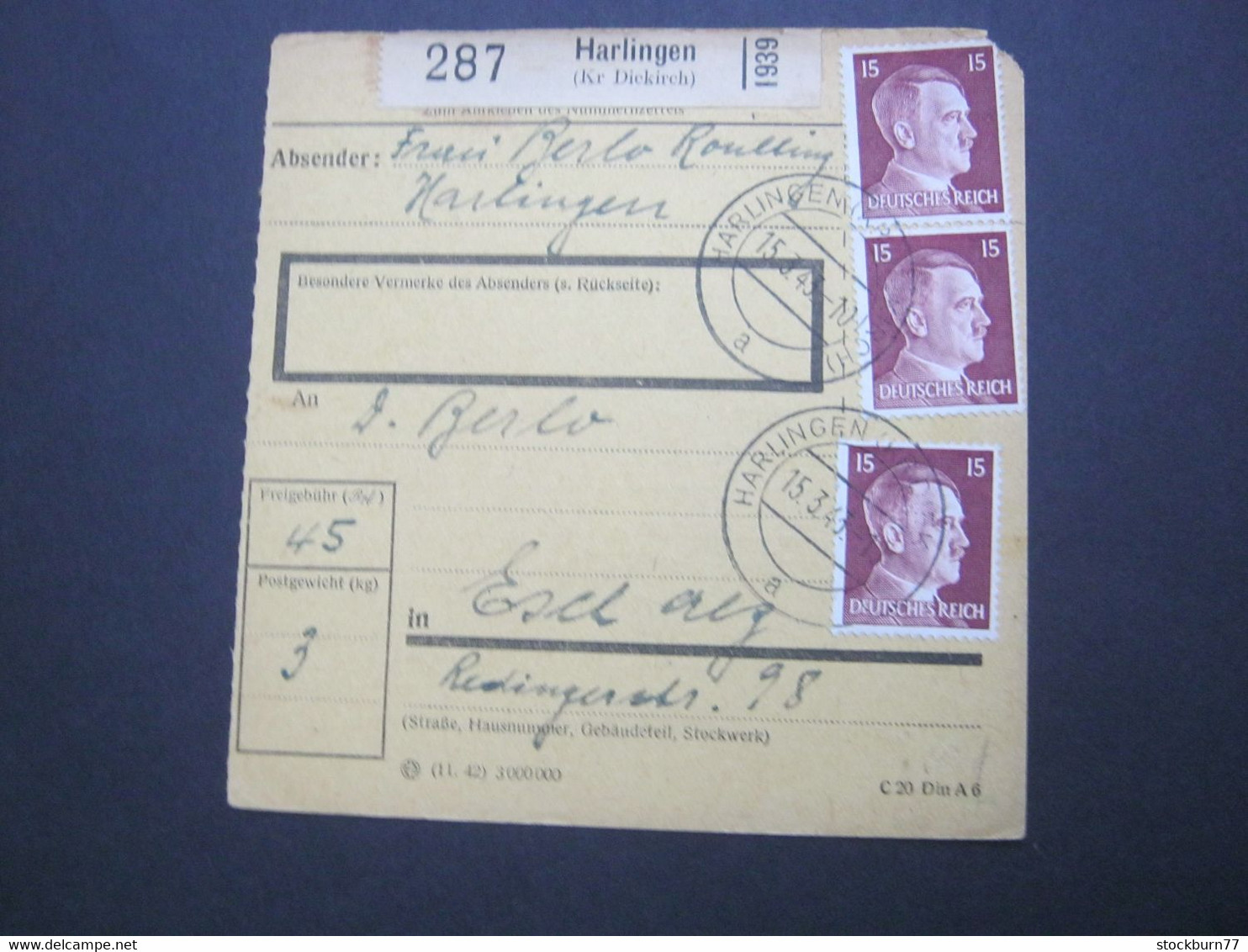 1943 , Paketkarte Aus HARLINGEN - 1940-1944 Occupation Allemande