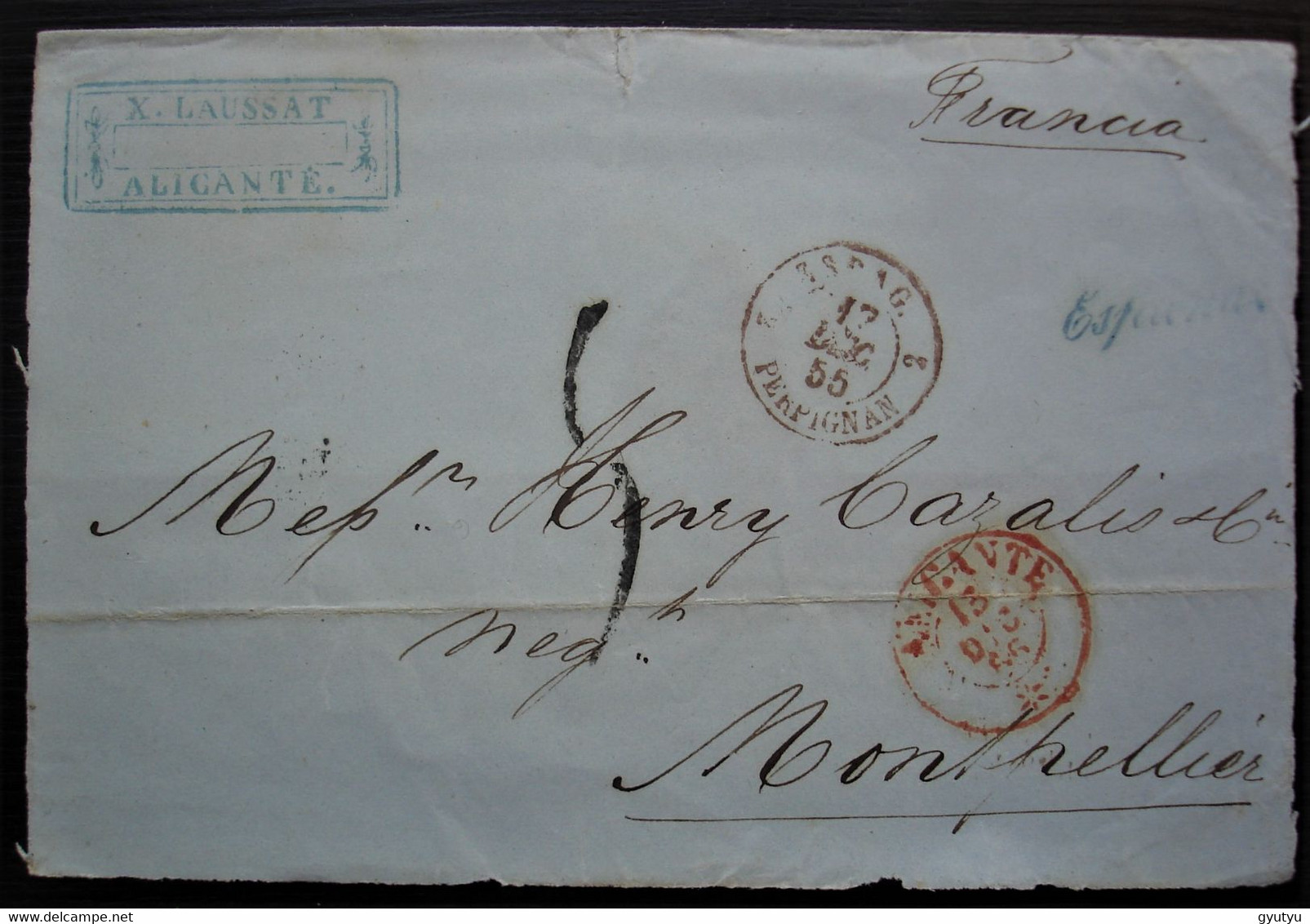 1855 Alicante X. Laussat Marque D'entrée D'Espagne 2 Par Perpignan + Cursive Bleue Espana Sur Lettre Pour Montpellier - Marques D'entrées