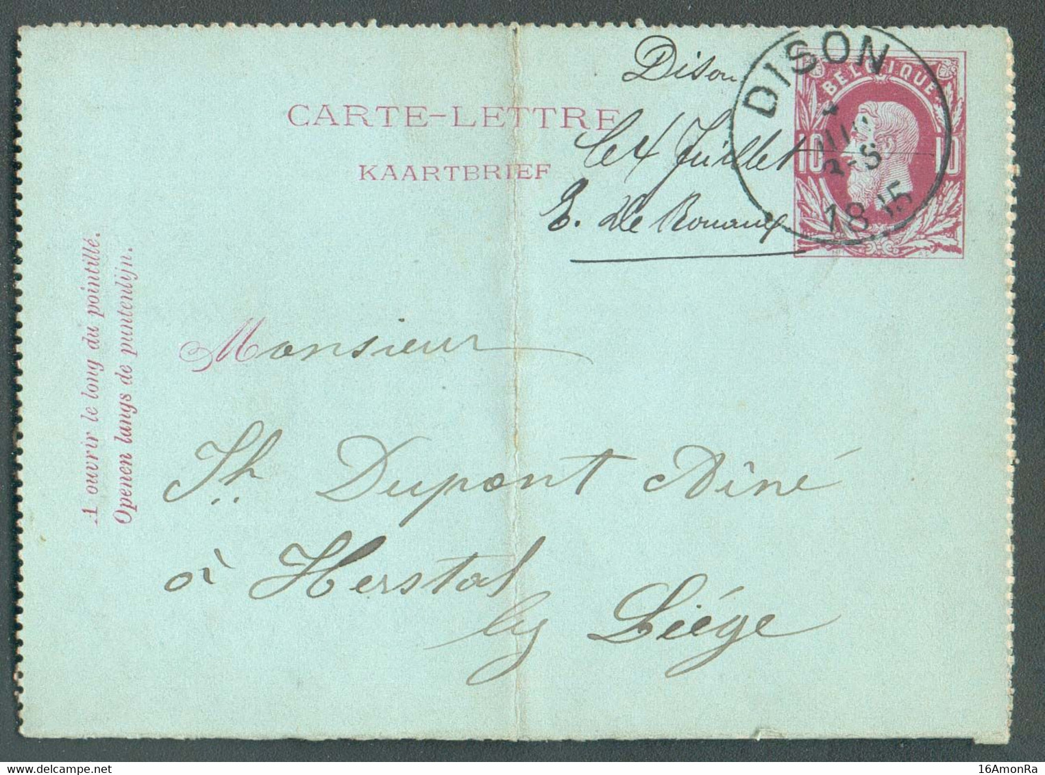 E.P. Carte-lettre 10c. Obl. Sc DISON  4 Juil. 1885 Vers Herstal. - 19063 - Kartenbriefe