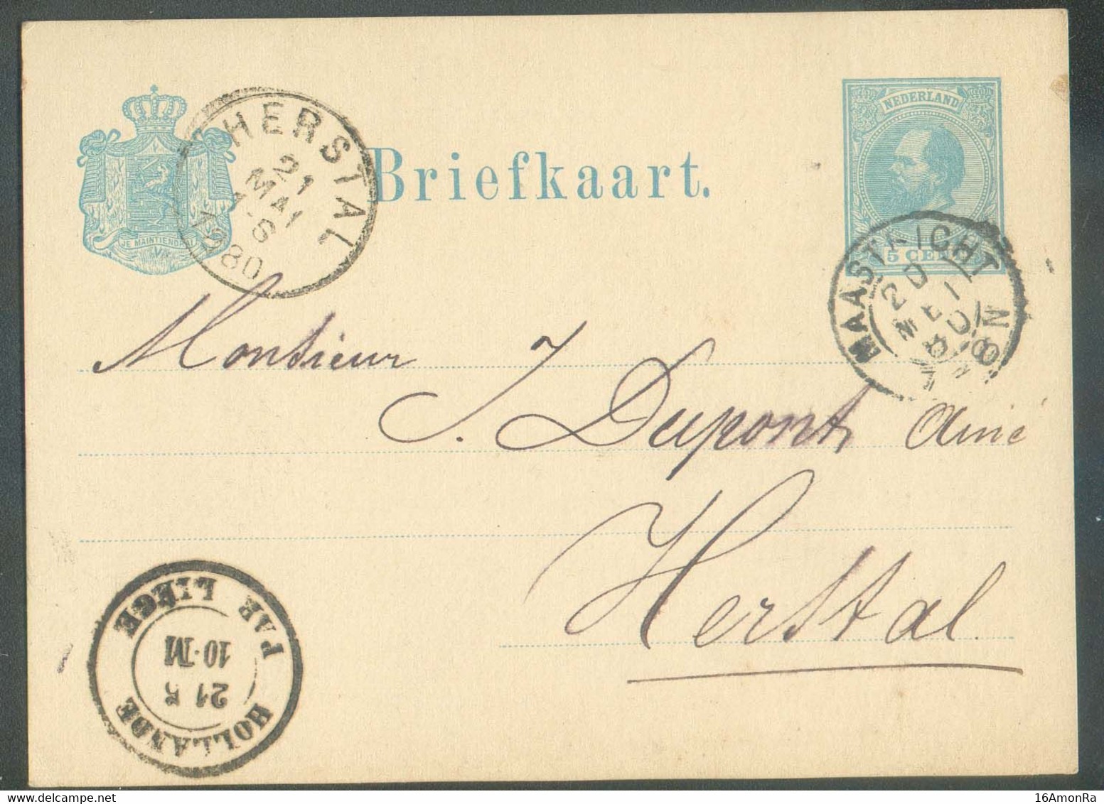 E.P. Carte 5 Cent. Obl. Dc MAASTRICHT 20 Mei 1880 vers Herstal + Dc HOLLANDE PAR LIEGE . - 19064 - Doorgangstempels