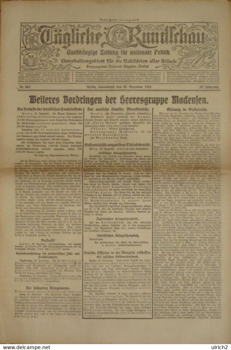 Tägliche Rundschau - Berlin - 30.12.1916 - Seekrieg, Romnicu-Sarat, Mongolei, Heeresgruppe Mackensen (59403) - Sonstige & Ohne Zuordnung