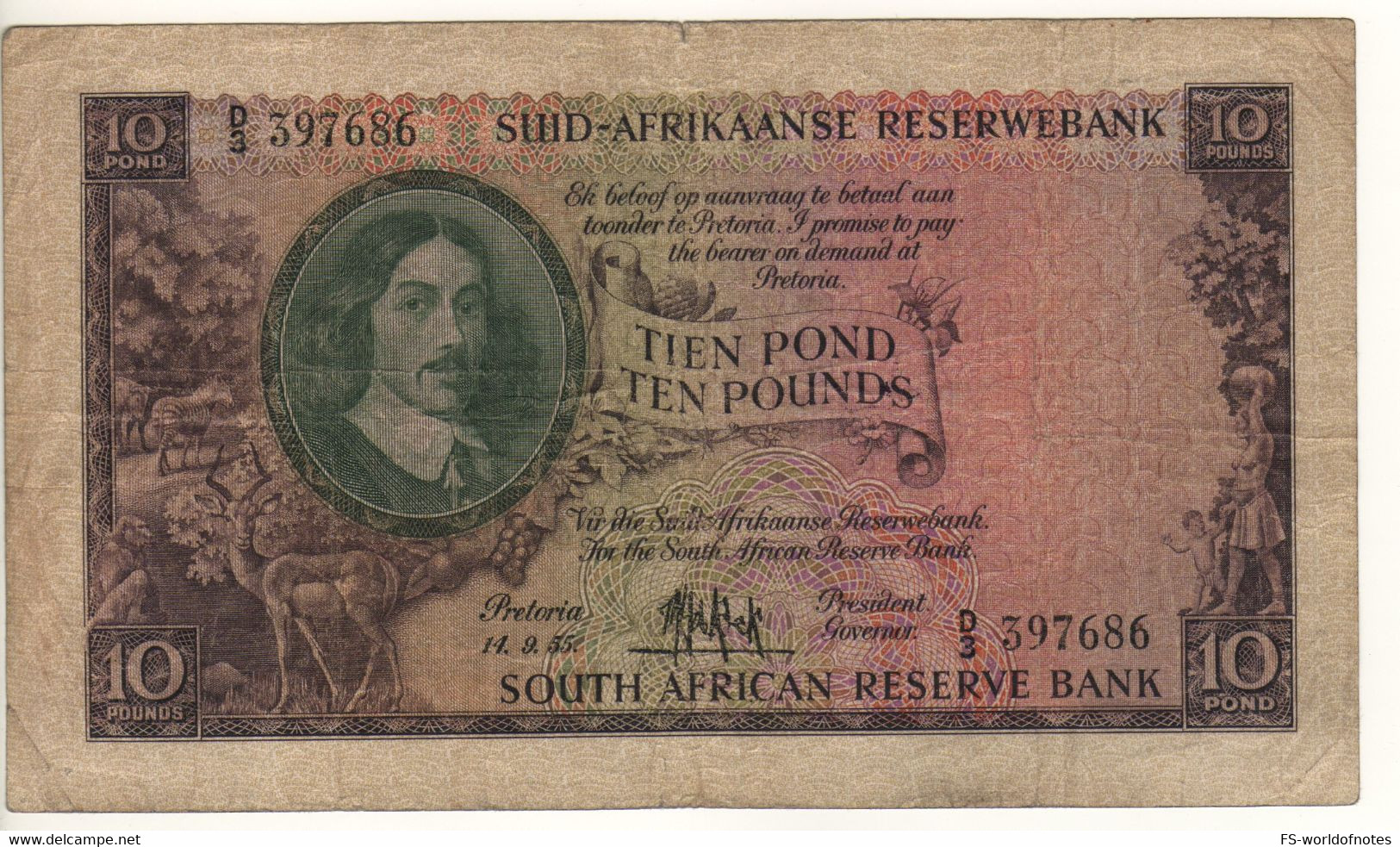 SOUTH AFRICA 10 Pounds  P99  Dated  14.9.1955   ( Bartholomeus Vermuyden + Conveyors At Back ) - Afrique Du Sud