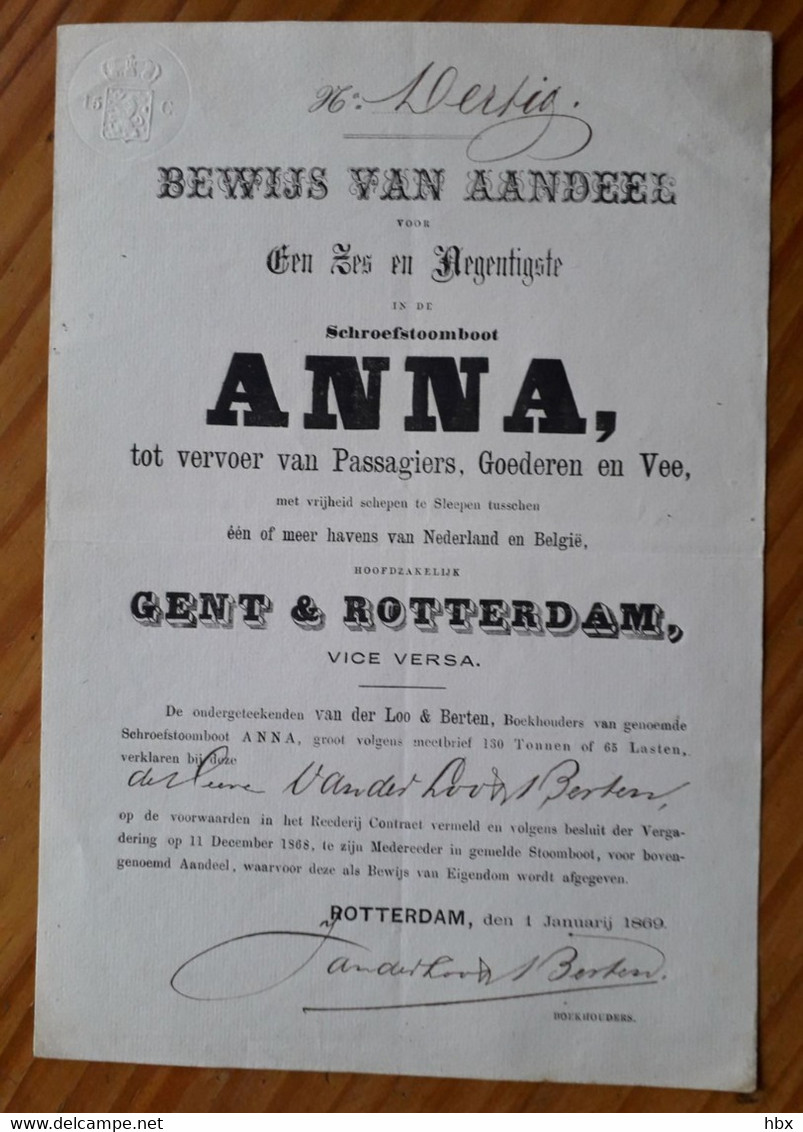 Schroefstoomboot Anna Tot Vervoer Van Passagiers, Goederen En Vee - 1869 - Schiffahrt