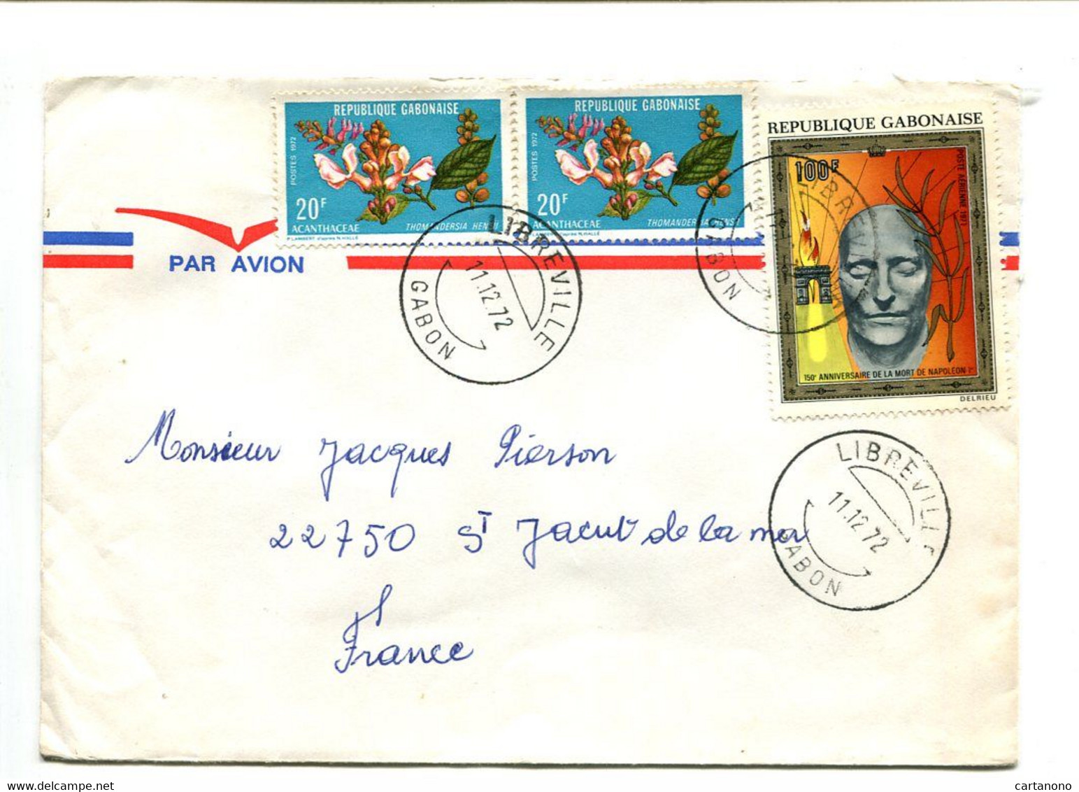 GABON Libreville 1972 - Affranchissement Sur Lettre Par Avion - Napoléon / Fleurs - Napoleone
