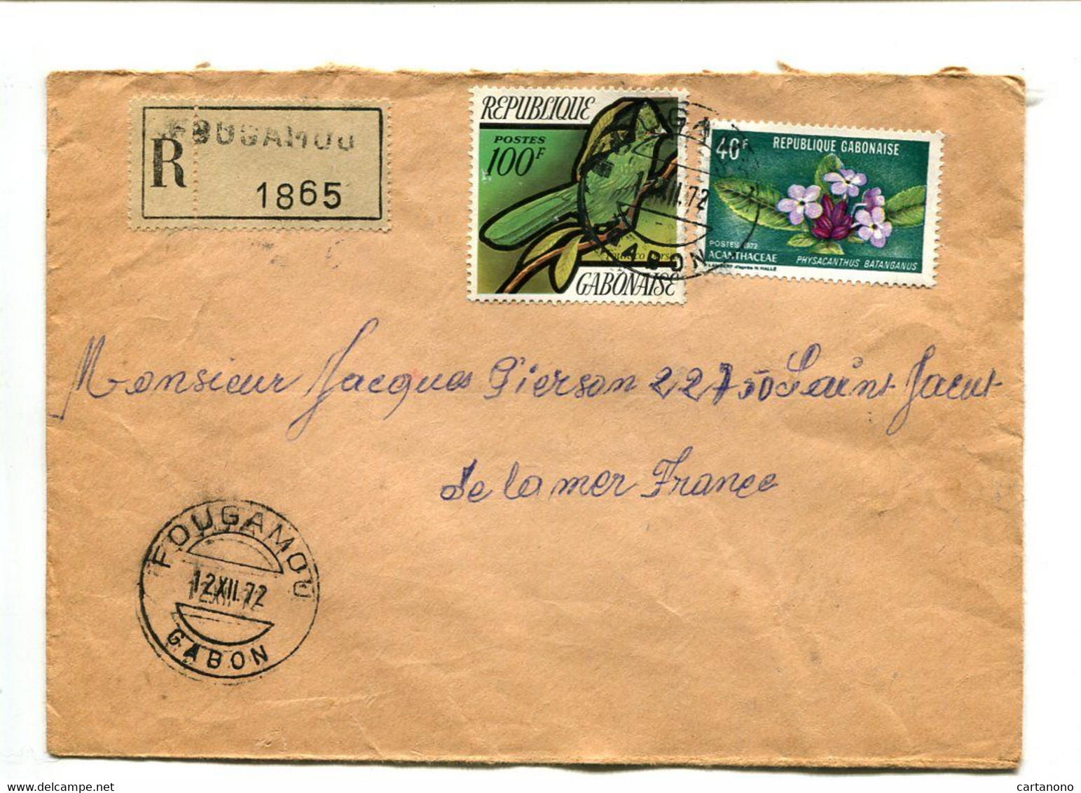 GABON Fougamou 1972 - Affranchissement Sur Lettre Recommandée - Oiseaux Perroquet / Fleur - Pappagalli & Tropicali