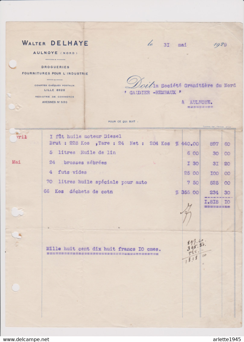 DROGUERIES FOURNITURES POUR L' INDUSTRIE  WALTER DELHAYE à AULNOYE (NORD) 31 MAI 1929 - Droguerie & Parfumerie