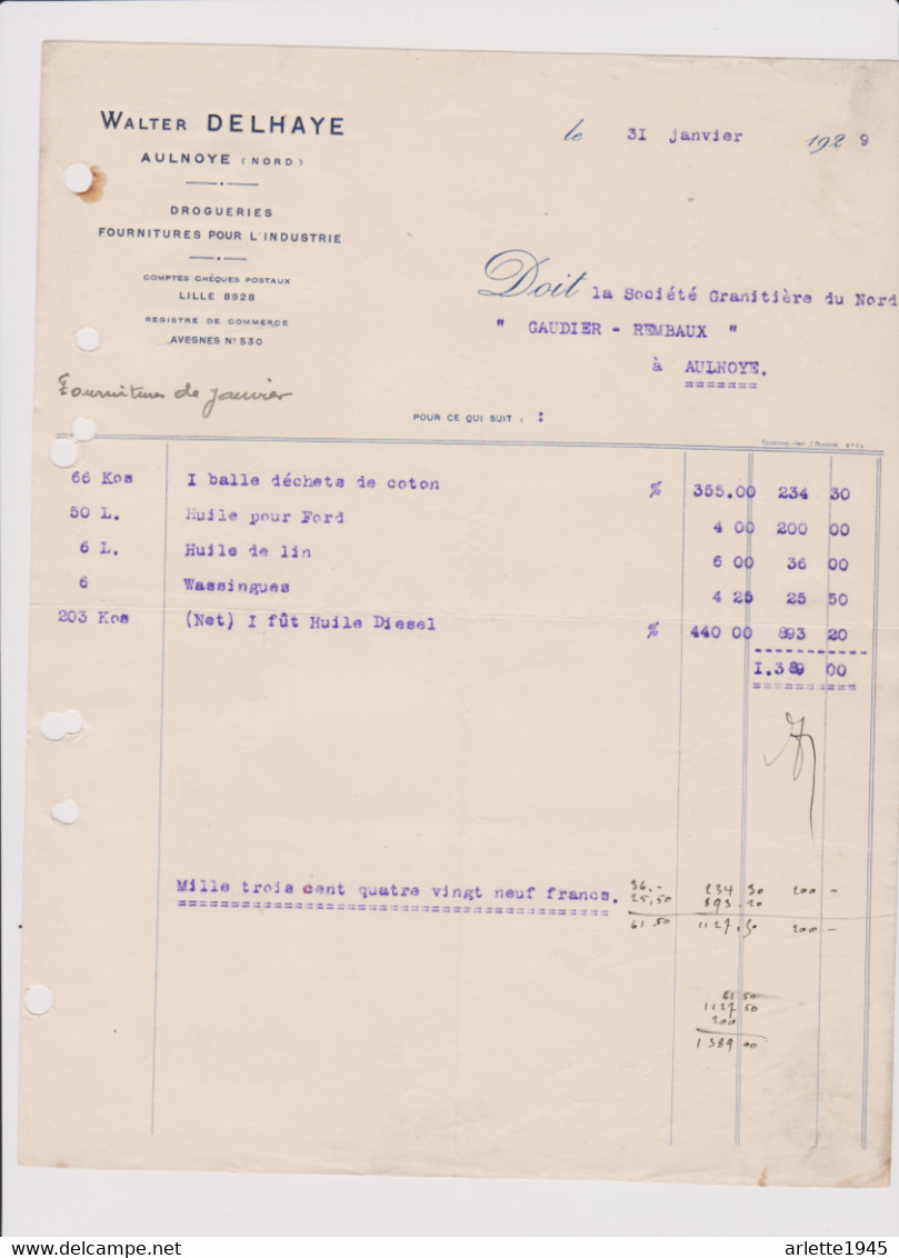 DROGUERIES FOURNITURES POUR L' INDUSTRIE  WALTER DELHAYE à AULNOYE (NORD) 31 JANVIER 1929 - Droguerie & Parfumerie