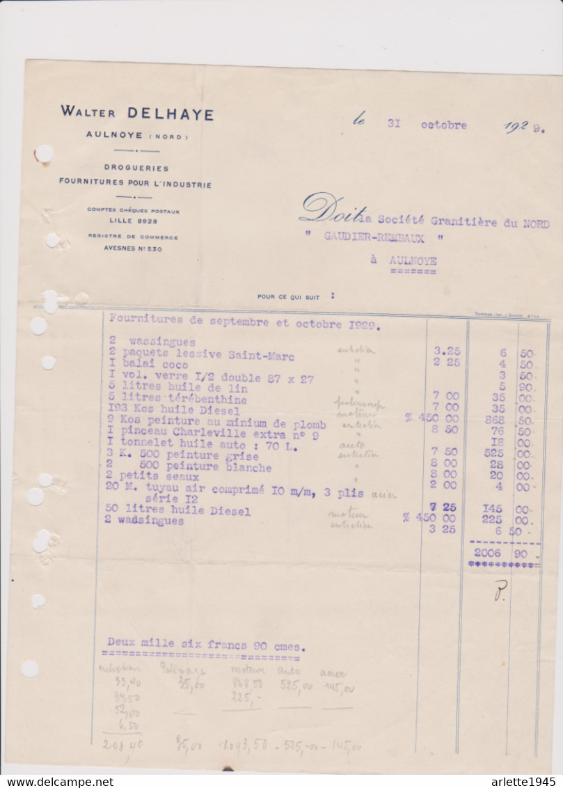 DROGUERIES FOURNITURES POUR L' INDUSTRIE  WALTER DELHAYE à AULNOYE (NORD) 31 OCTOBRE 1929 - Droguerie & Parfumerie