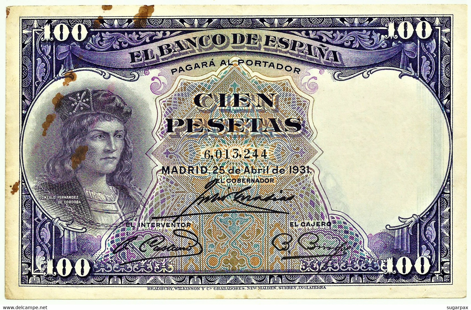 ESPAÑA - 100 Pesetas - 25.04.1931 - Pick 83 - REPUBLIC - Gonzalo Fernandez De Córdoba - 100 Pesetas