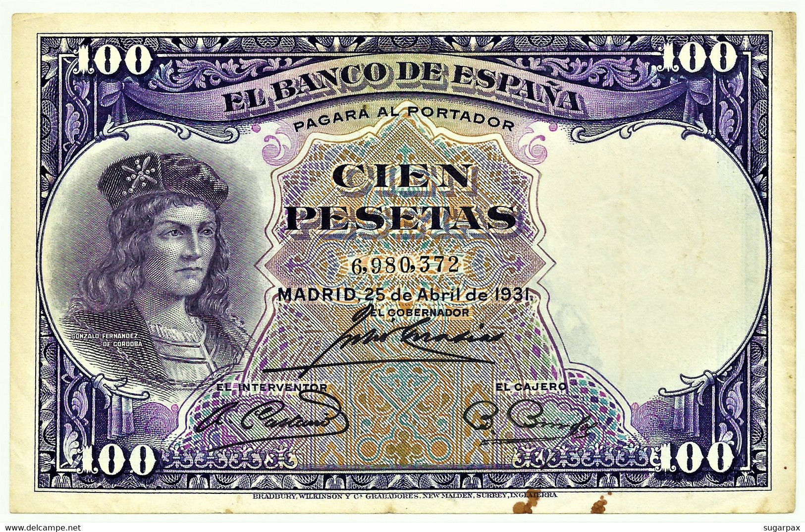 ESPAÑA - 100 Pesetas - 25.04.1931 - Pick 83 - REPUBLIC - Gonzalo Fernandez De Córdoba - 100 Peseten