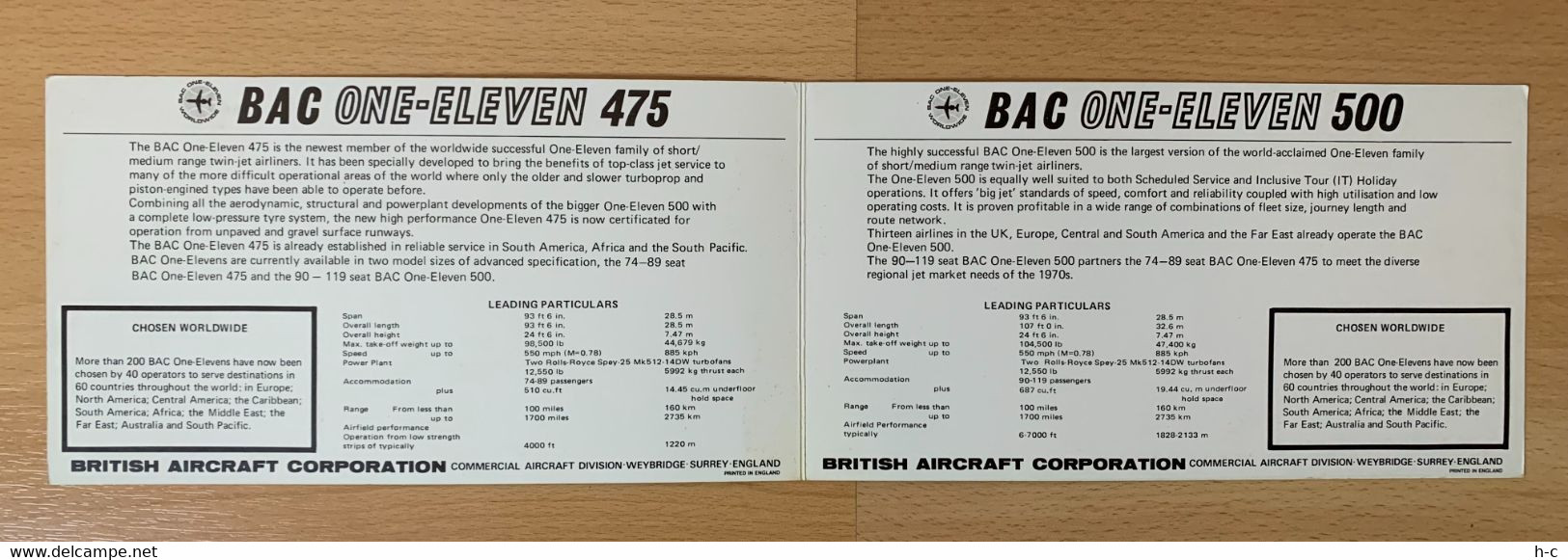 Bristish Aircraft Corporation Publicity Leaflet Card BAC Onle-eleven 22.5 X 12.5 Cm - Pubblicità