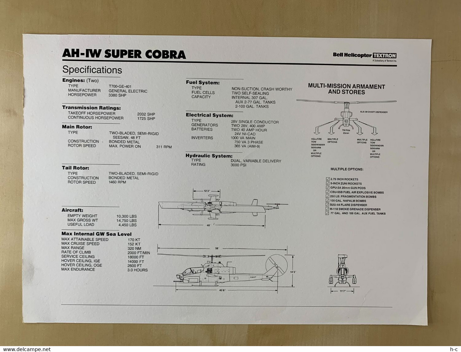 AH-IW Super Cobra Bell Helicopter Advertise A4 Card - Hubschrauber