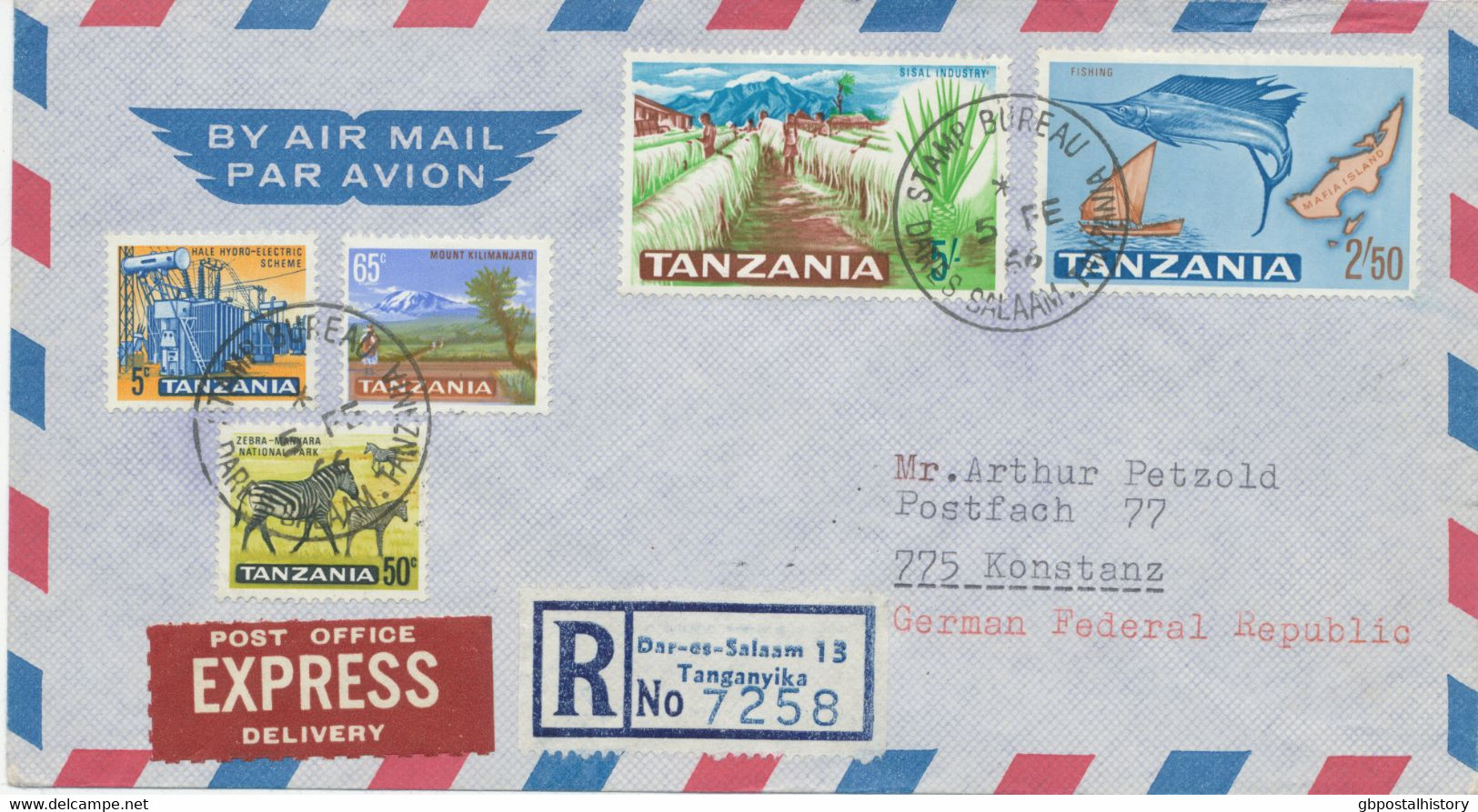 TANZANIA 1966 First Definitives 5 C, 50 C, 65 C, 2 Sh 50 C And 5 Sh On Very Rare Superb Registered Express Delivery - Tanzania (1964-...)
