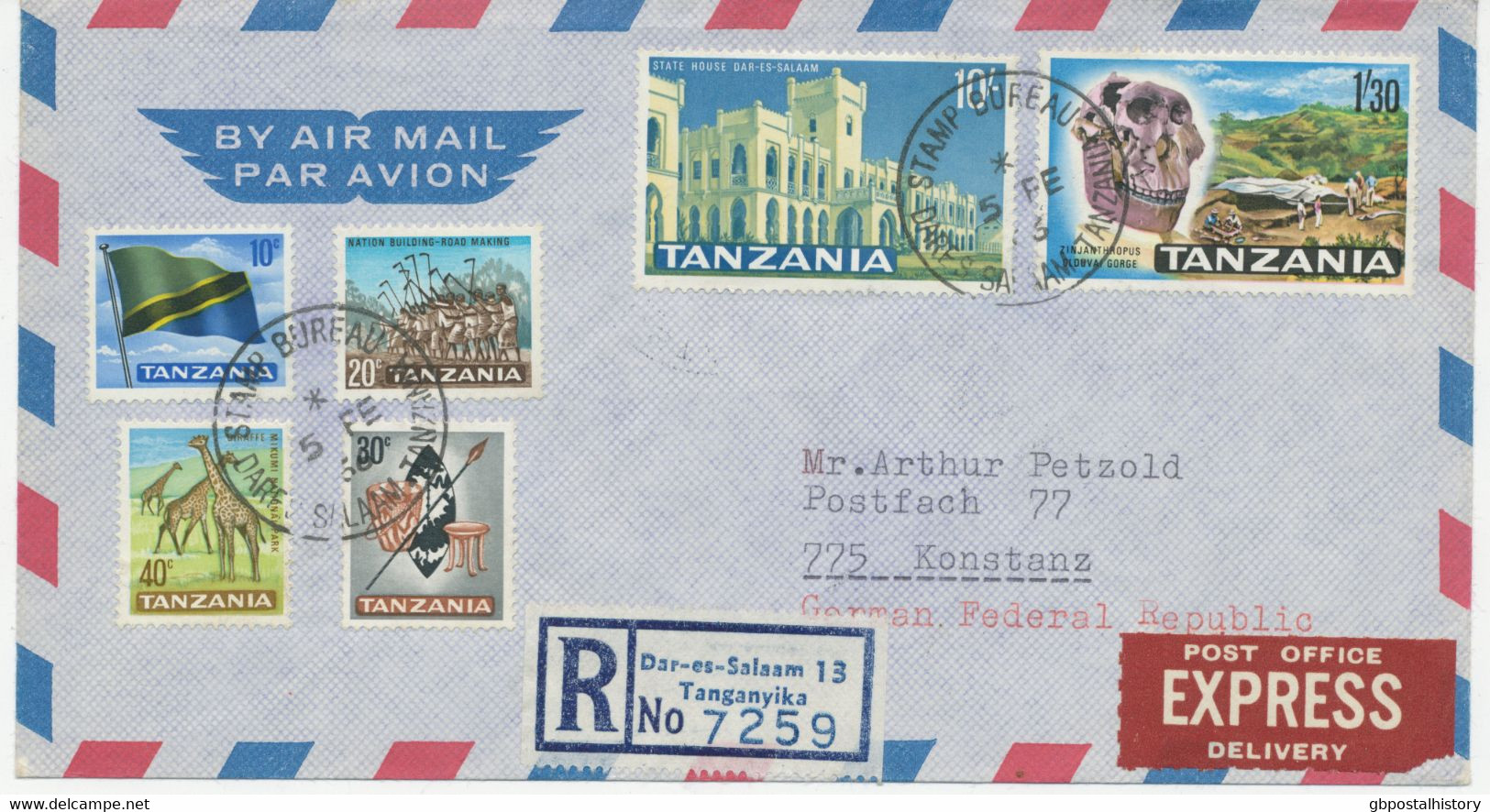 TANZANIA 1966 First Definitives 10 C, 20 C, 30 C, 40 C, 1 Sh 30 C And 10 Sh On Very Rare Superb Registered Express Air - Tanzania (1964-...)
