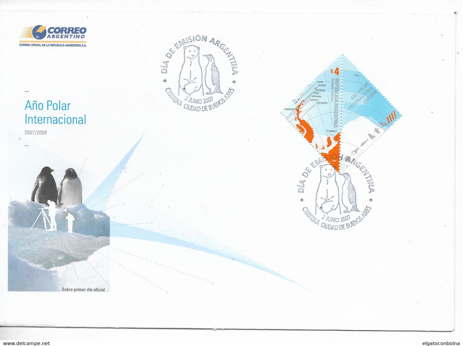 ARGENTINA 2007 INTERNATIONAL POLAR YEAR PENGUIN ANTARCTIC CANCEL STAMP ON FDC - Used Stamps