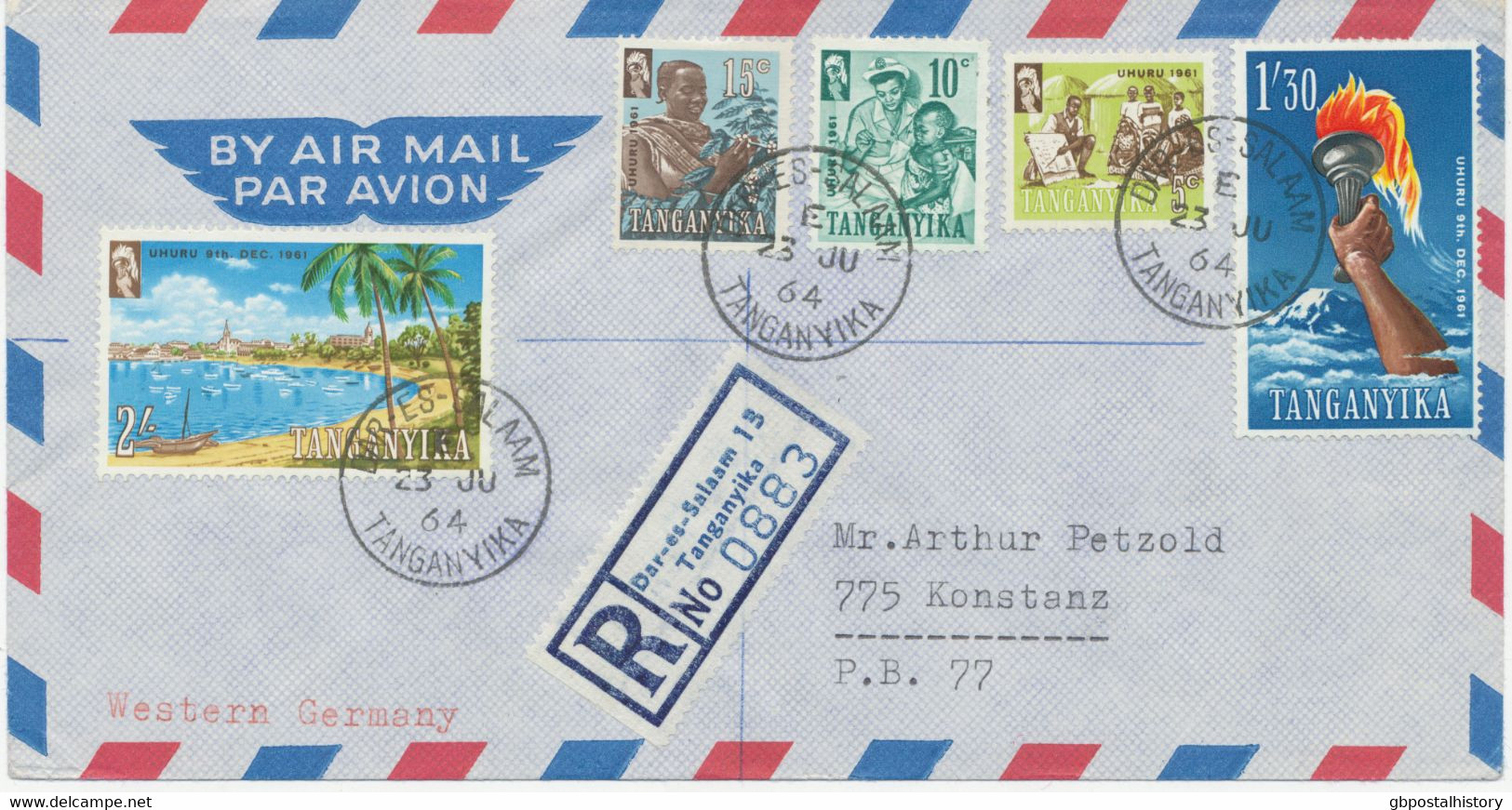 TANGANYIKA 1964, Independence 5 C., 10 C., 15 C., 1 Sh. 30 C. And 2 Sh. On Rare Superb Registered Airmail Cover With R-L - Tanzanie (1964-...)