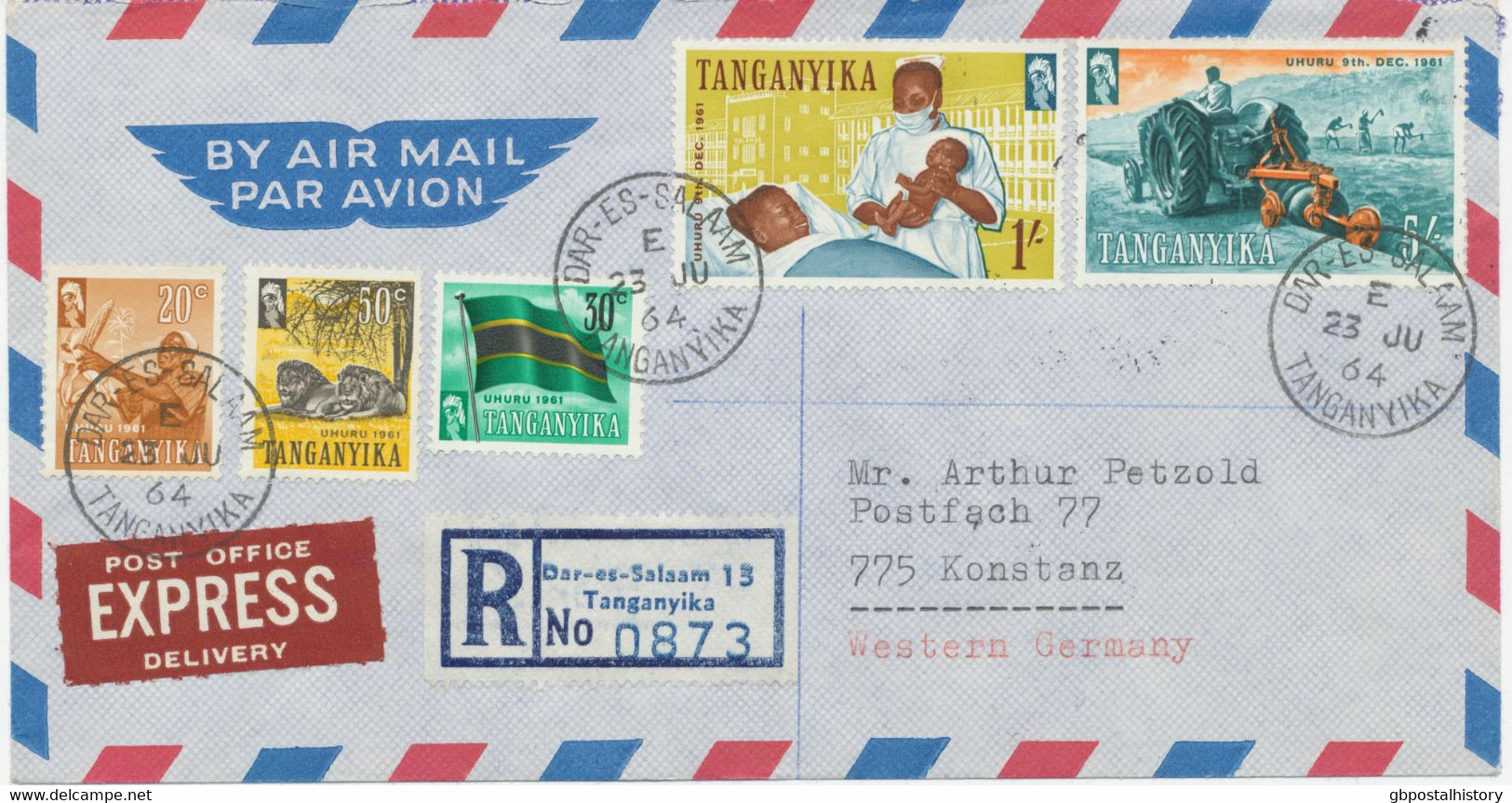 TANGANYIKA 1964 Independence 20 C., 30 C., 50 C., 1 Sh And 5 Sh On Very Rare Superb Registered Express Delivery Airmail - Tanzania (1964-...)
