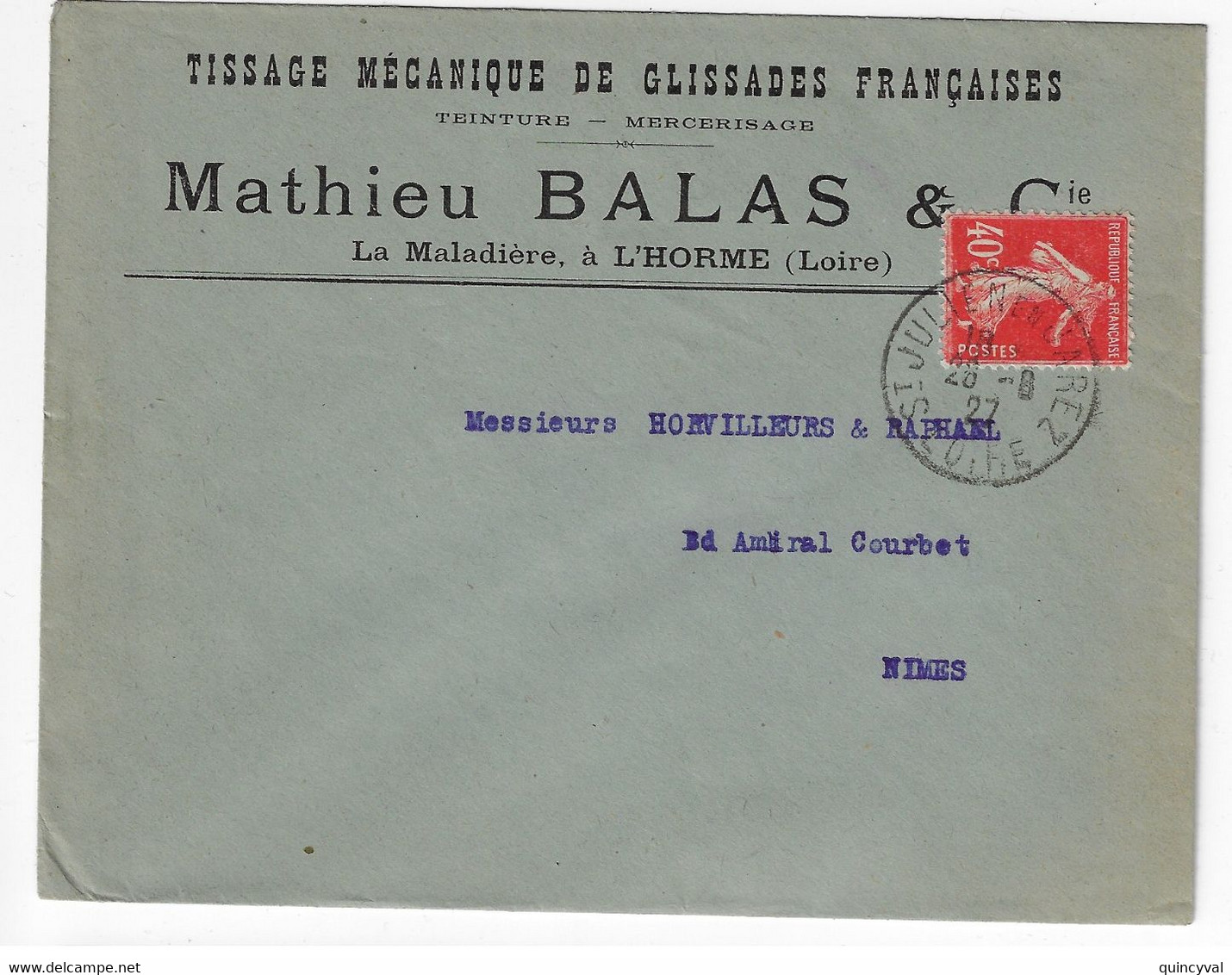 St JULIEN En JAREZ Lettre Entête BALAS Tissage Glissade Teinture L'Horme 40c Semeuse Yv 194 Ob 28 8 1927 - Lettres & Documents