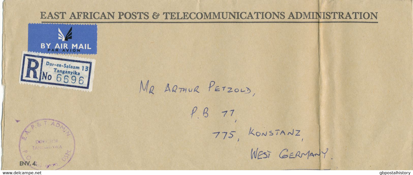 TANGANYIKA 1965, Rare Very Fine Official (East African Posts & Telecommunications Admin) Registered Airmail Cover With R - Tanzania (1964-...)