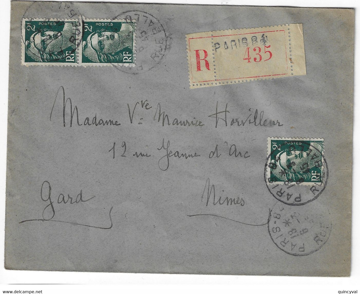 PARIS 84 Ballu Lettre Recommandée 2 F Gandon Vert Yv 713 Ob 6 3 1945 - Cartas & Documentos