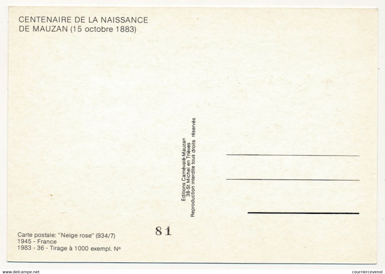 CPM - Illustrateur MAUZAN - Réédition "Neige Rose" (1945) Pour Le Centenaire De Naissance De Mauzan - Mauzan, L.A.