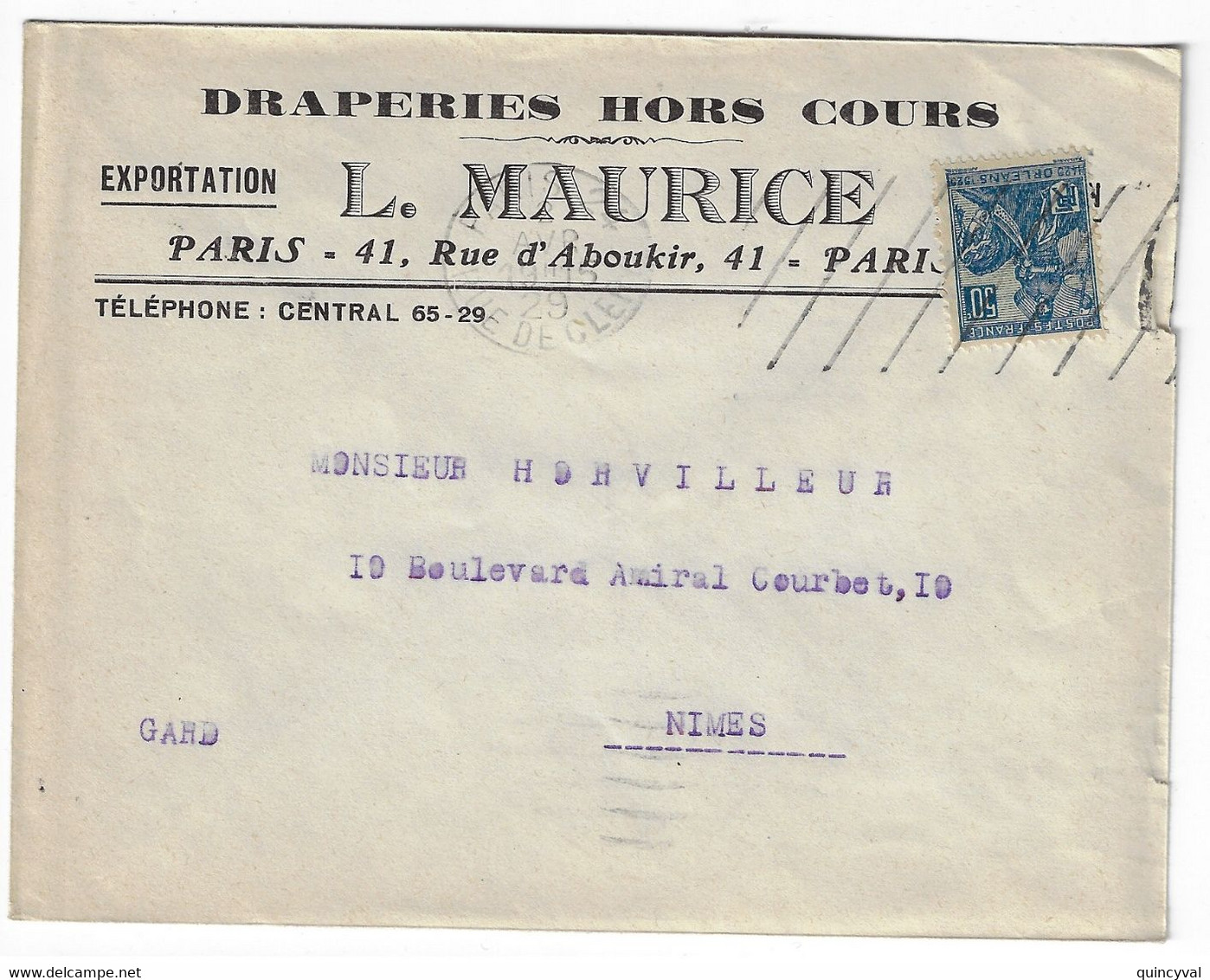 PARIS 24 R Cléry Lettre Entête MAURICE Draperie Aboukir 50c Jeanne D'Arc Yv 257 Ob 1929 Meca Krag Diagonales B024206 - Lettres & Documents