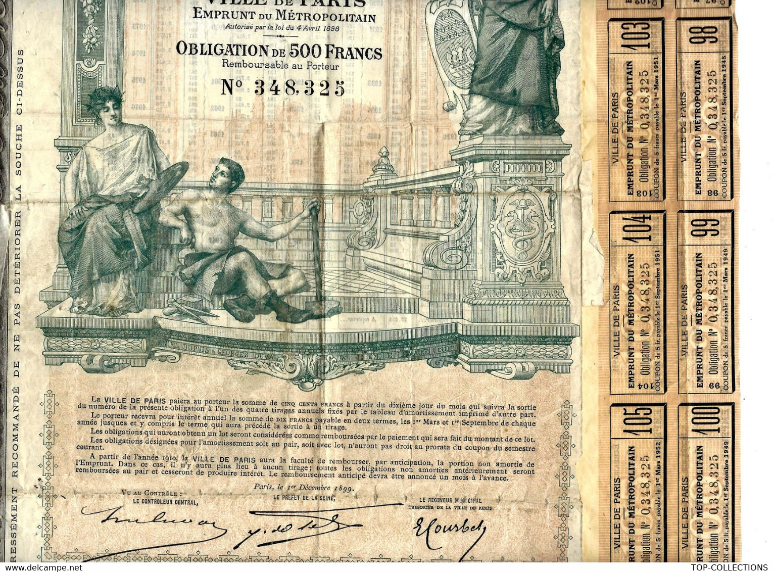 1899 OBLIGATION VILLE DE PARIS  EMPRUNT DU METROPOLITAIN  RARE ET SUPERBE GRAPHISME - Trasporti