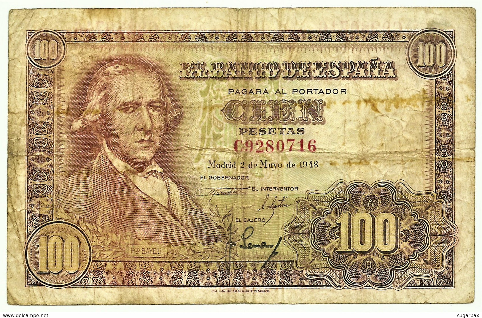 ESPAÑA - 100 Pesetas - 02.05.1948 ( 1950 ) - Pick 137 - Francisco Bayeu - 100 Peseten