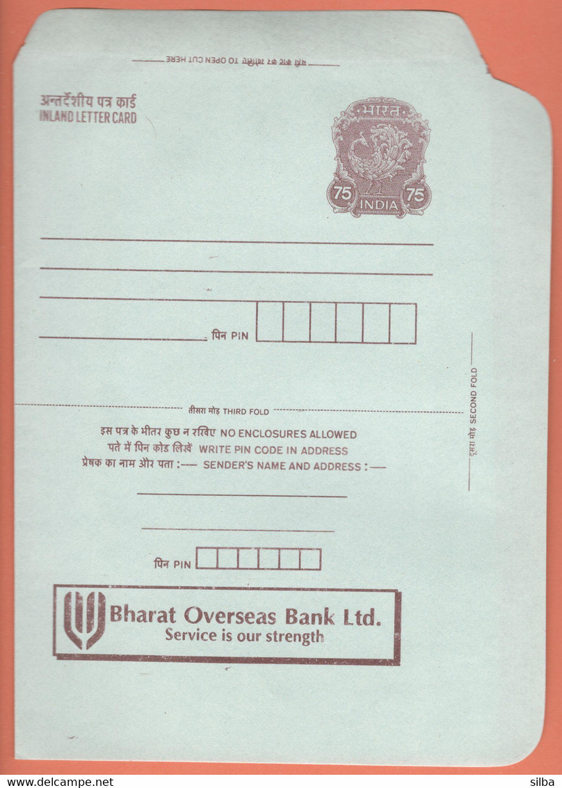 India Inland Letter / Peacock 75 Postal Stationery / Bharat Overseas Bank, Service Is Our Strength - Inland Letter Cards