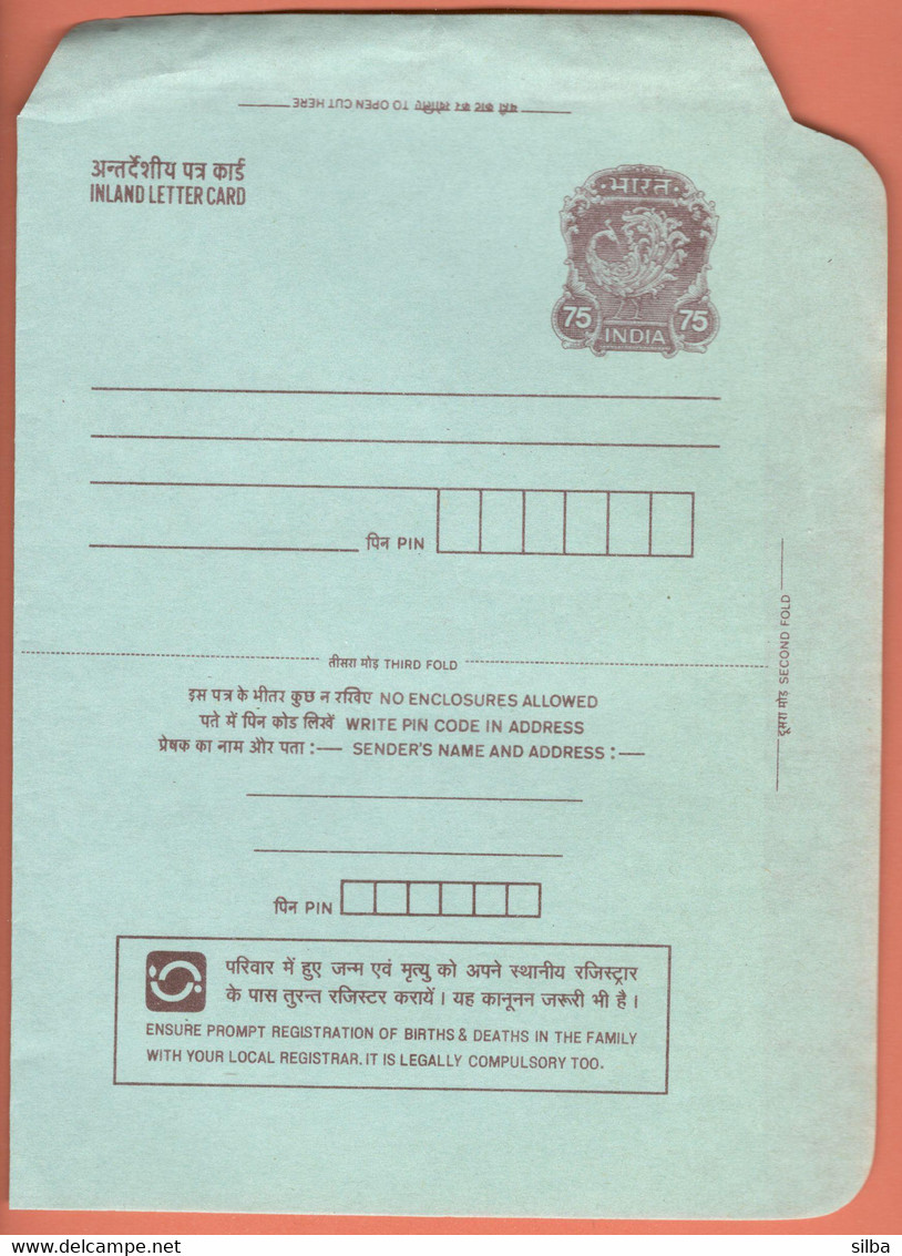 India Inland Letter / Peacock 75 Postal Stationery / Registrar, Ensure Prompt Reg. Of Births And Deaths In The Family - Inland Letter Cards