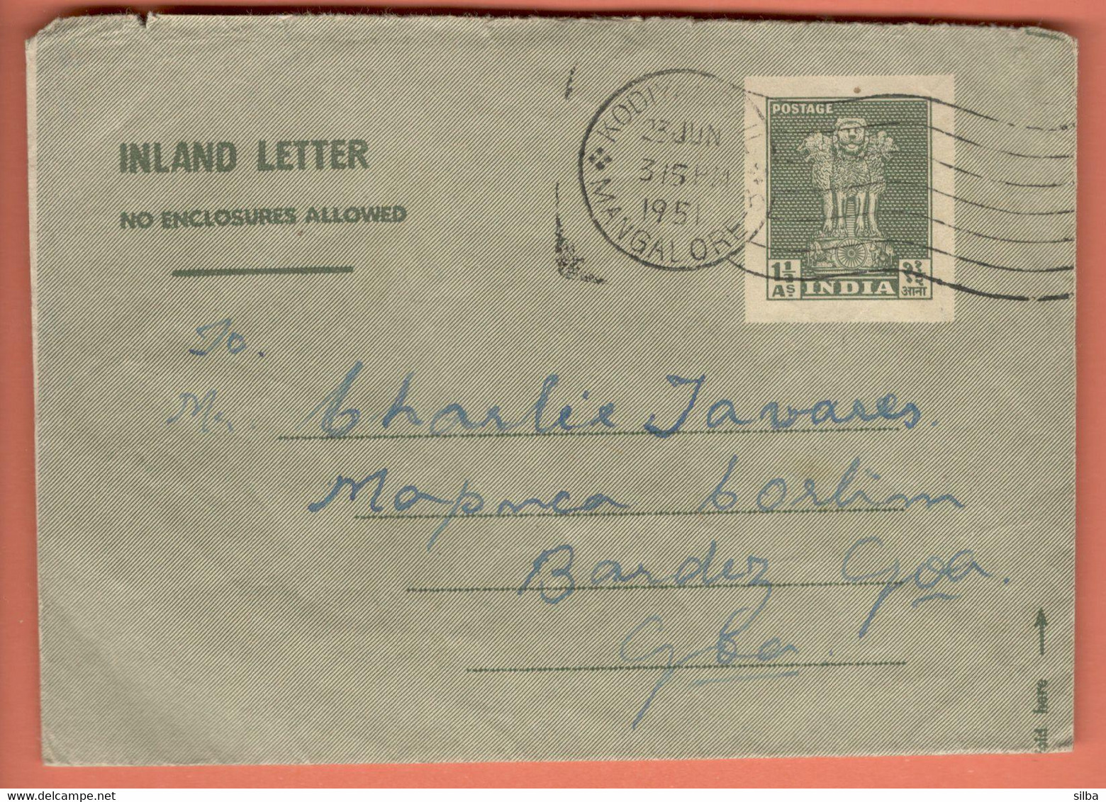 India Inland Letter 1951 / Ashoka Pillar, Lions 1 1/2 Annas, Postal Stationery - Inland Letter Cards